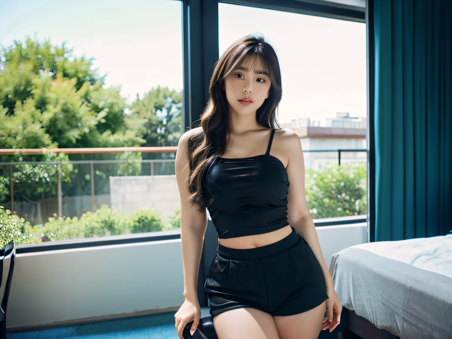 there is a woman standing in a room with a tree, her belly is fat and round, she has a jiggly fat round belly, wearing a camisole and shorts, thicc, large thighs, she is wearing a black tank top, skinny waist and thick hips, thick thighs, with backdrop of natural light, a portrait of a plump woman