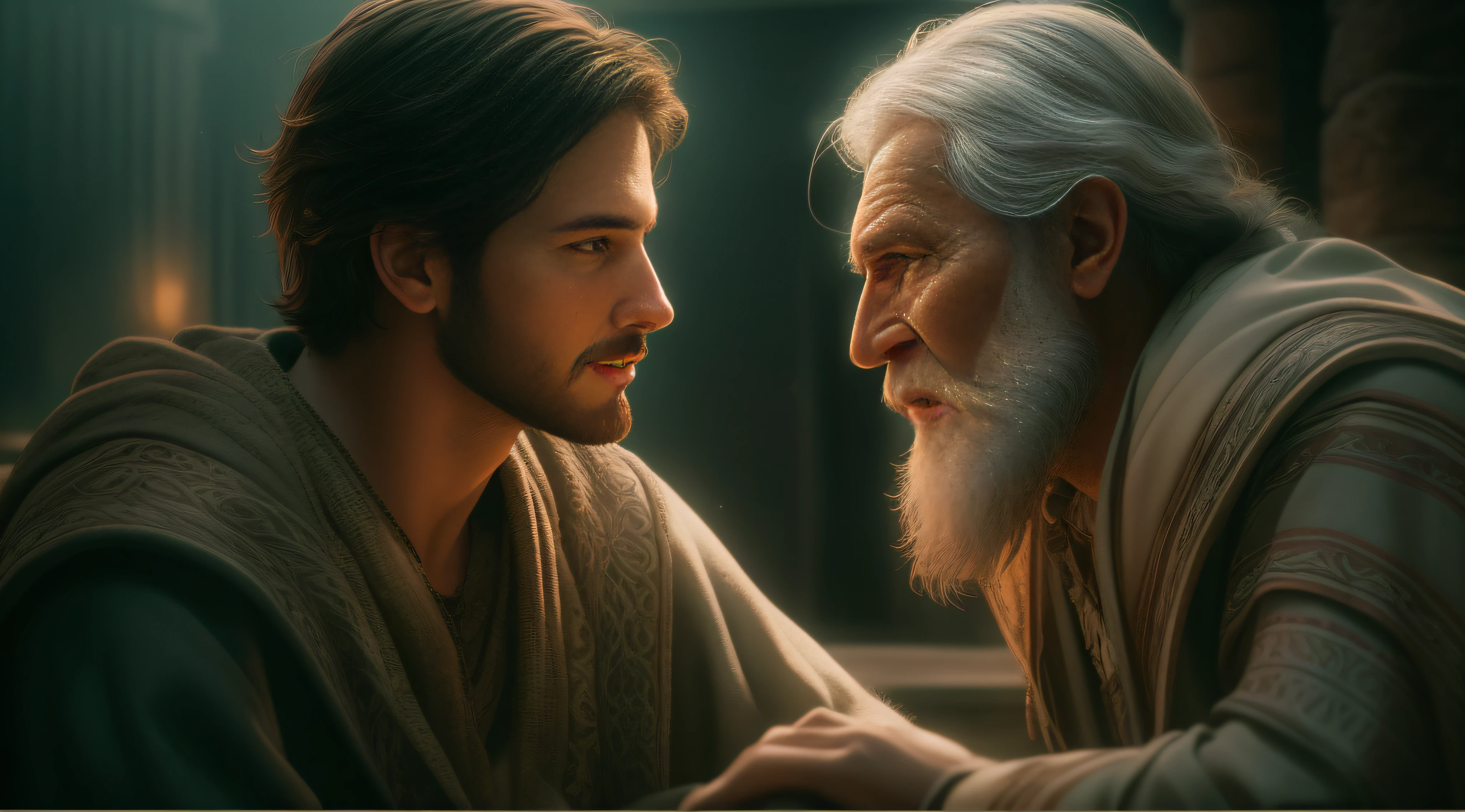 A memorable scene from an ancient city, onde um jovem, 30 anos, com cabelos pretos curtos e olhos castanhos, has a deep conversation with a grey-haired, long-bearded old sage. The environment is immersive with realistic details and the lighting is perfect for adding drama and depth to the scene., Foto escura: Realistic epic, Soft cinematic portrait, Adobe Lightroom, photographic lab, altamente detalhado, desbotado, (Cores Neutras: 1.2) , (HDR: 1.4) , (cores suaves:1.2), alto detalhamento, ( art-station:1.4), cinemactic, luzes quentes, dramatic light, (detalhes intrincados:1.1), Antecedentes complexos, (Rutkowski:0.66), (azul e laranja:0.4)