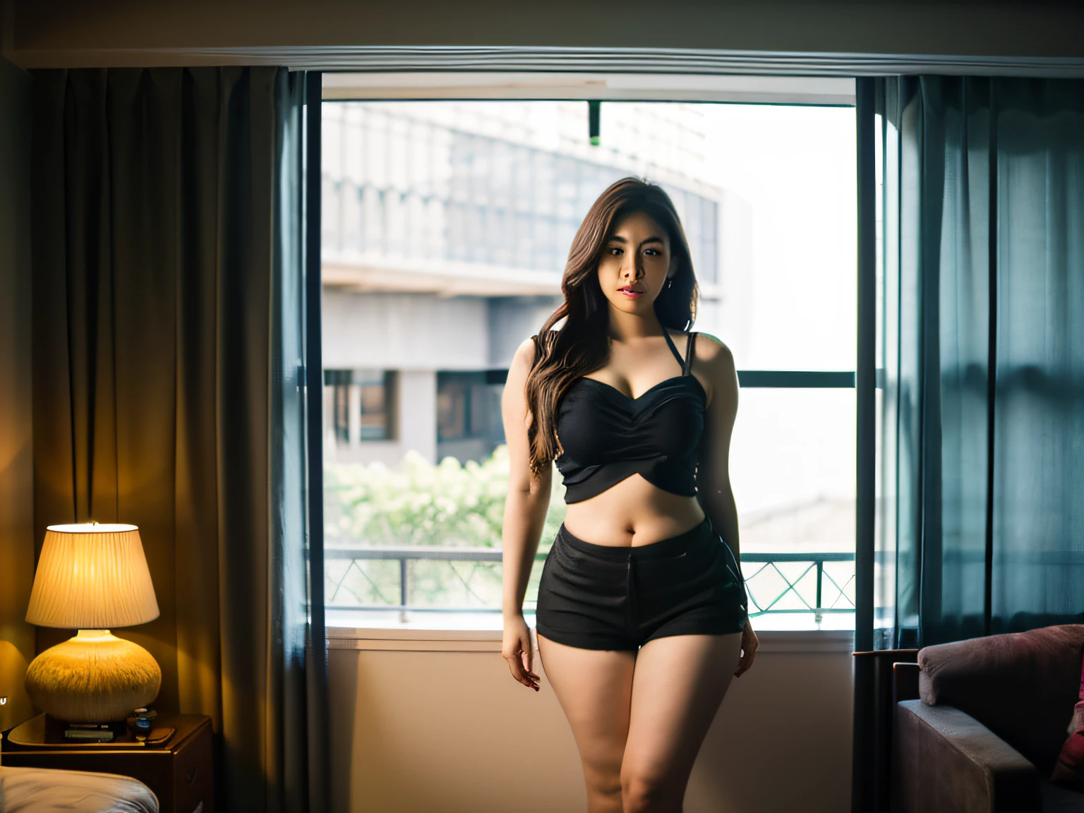 there is a woman standing in a room with a tree, her belly is fat and round, she has a jiggly fat round belly, wearing a camisole and shorts, thicc, large thighs, she is wearing a black tank top, skinny waist and thick hips, thick thighs, with backdrop of natural light, a portrait of a plump woman