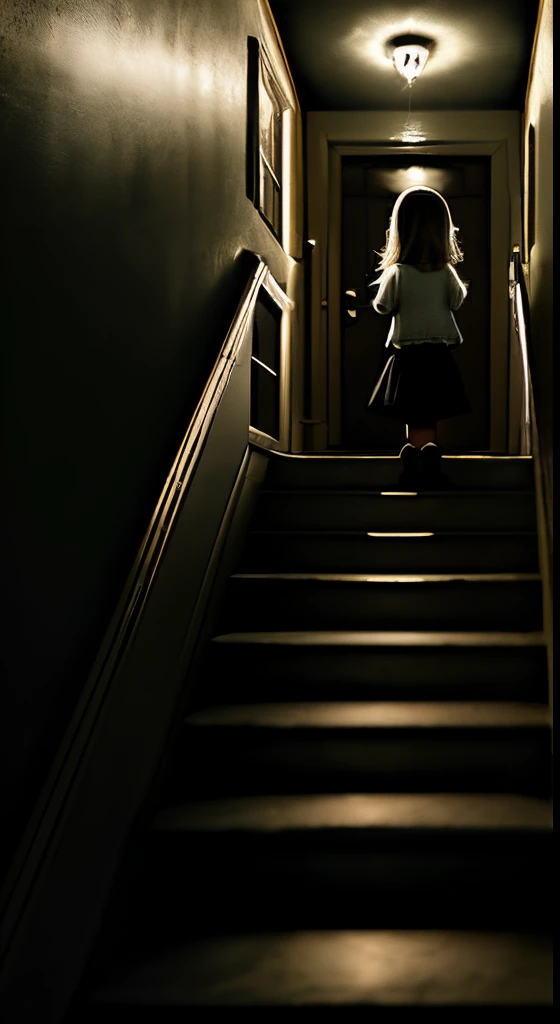 A small girl at night going downstairs on stairs in dark house with minimum yellowish light.