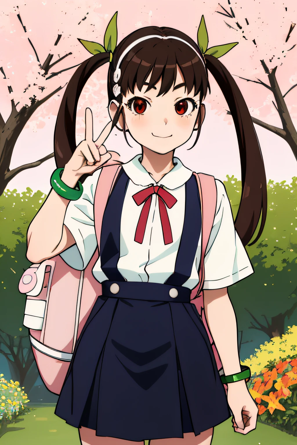 masutepiece, Best Quality, hight resolution, Detailed,
HACHIKUJI01, 1girl in, Solo, Long hair, Brown hair, Red Eyes, Twin-tailed, Hair Ribbon, white hairband, Looking at Viewer, Smile, :3, Skirt, Shirt, bow ribbon, School uniform, White shirt, Short sleeves, flat chest, Blue skirt, suspenders, Suspender Skirt, Hachikuji Mayoi,  Star (symbol), 手链, Green Bracelet, Bag, backpack, pink backpack,
で, piece sign,
garden, Flowers, Trees,