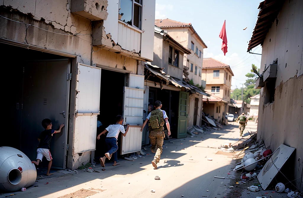 War and Peace Soldiers Children Escape Exit Building Destroyed by Shells