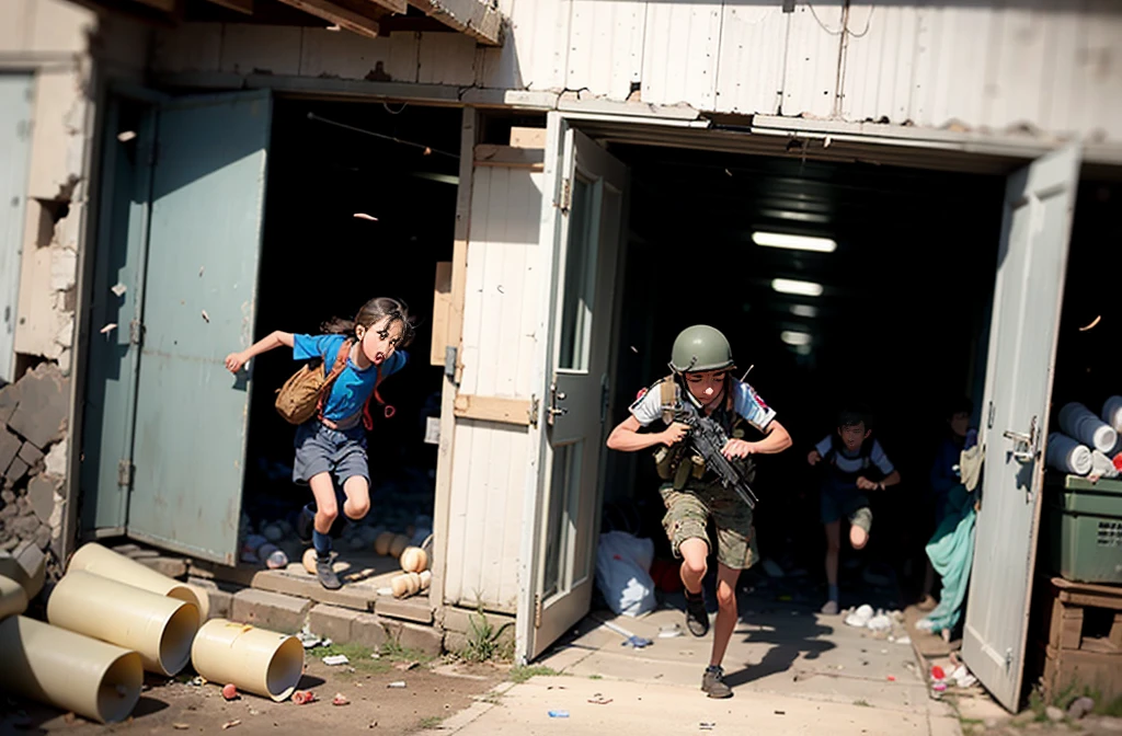 War and Peace Soldiers Children Escape Exit Building Destroyed by Shells