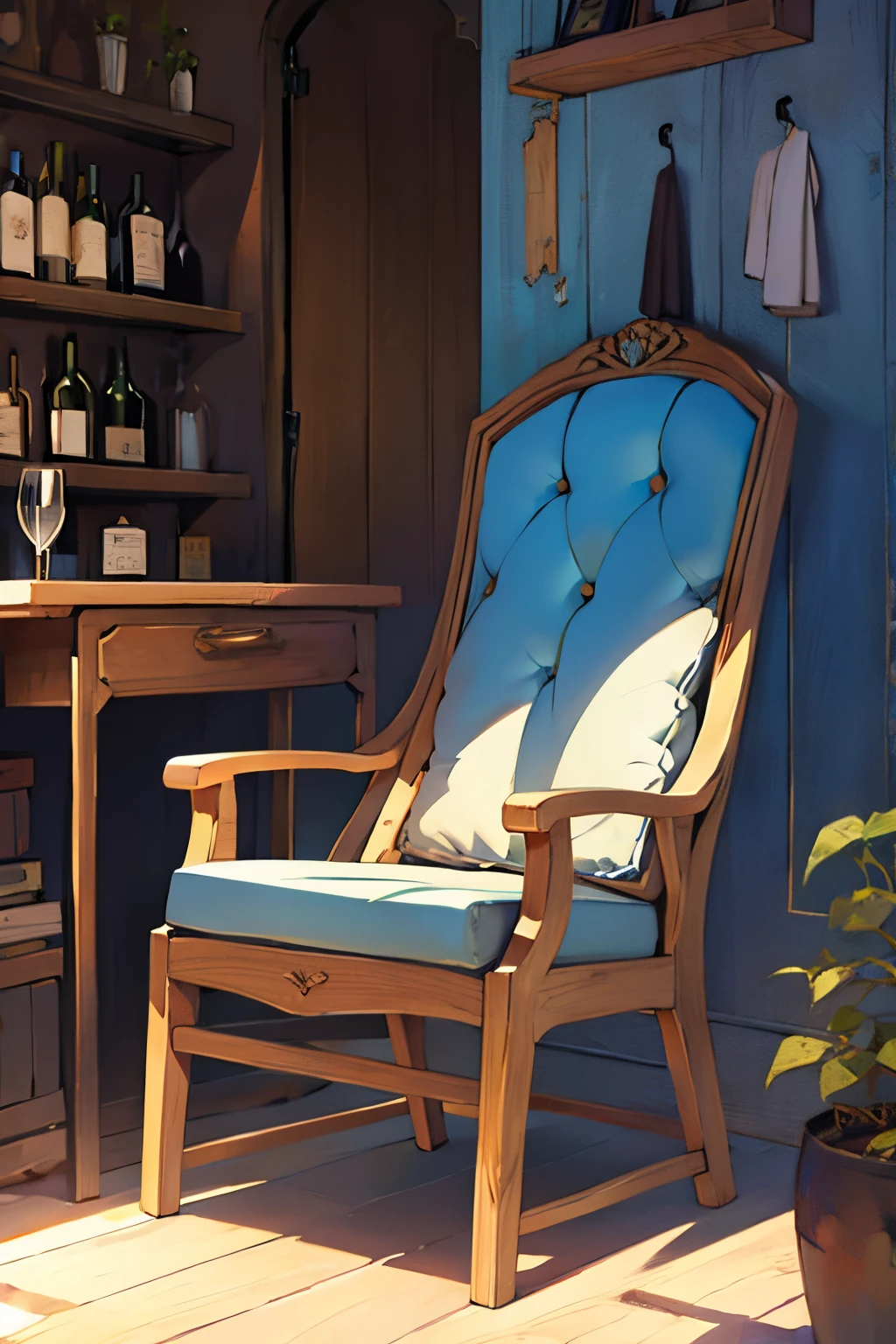 Drinking wine in an old blue chair