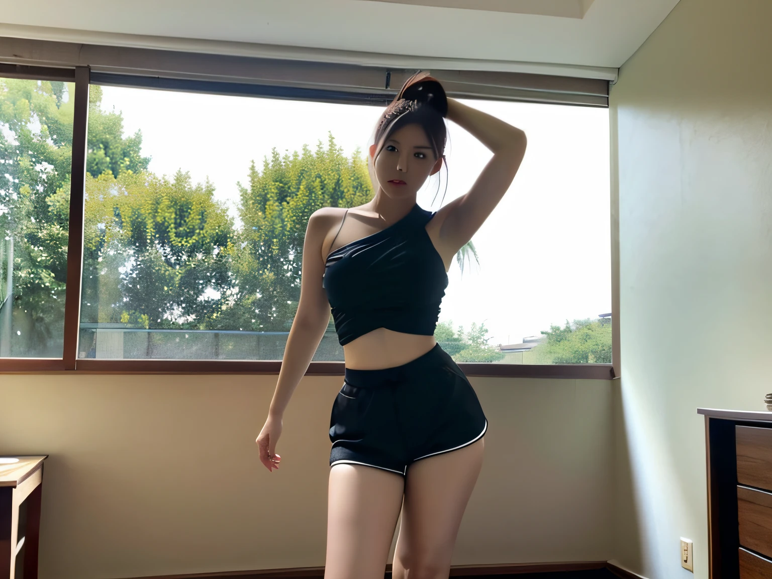 ung girl, thick legs, big butt, Brown hair, (in a gym)