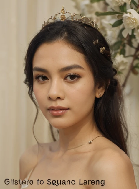 photo of an Indonesian queen, graceful, olive skinned, long black hair, hairpin with jasmine flowers, brown square roof palace background ,realistic,best quality,ultra detailed,70 mm lens