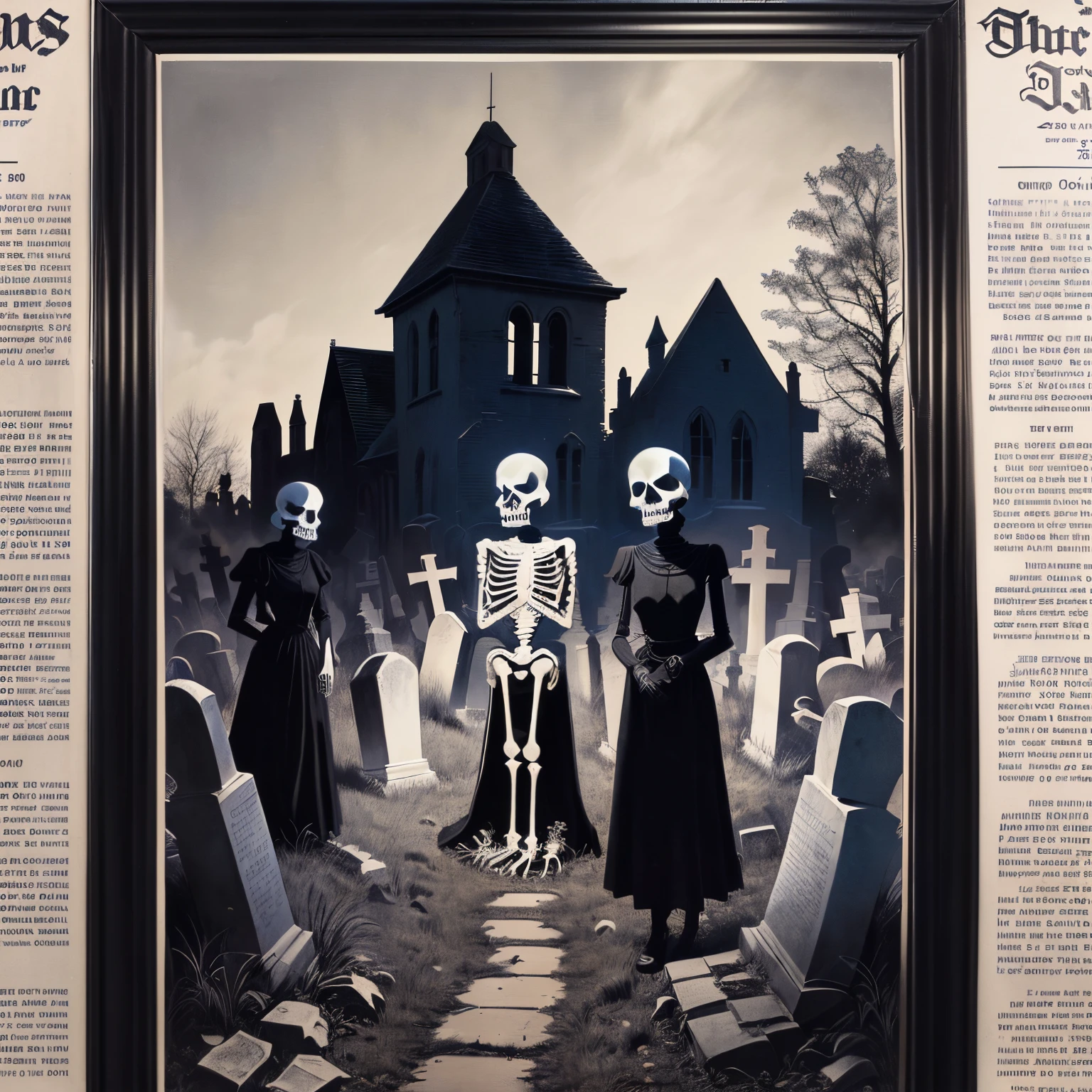 1950 newspaper cut out style, 4 black and white skeletons in foreground, blue graveyard in background