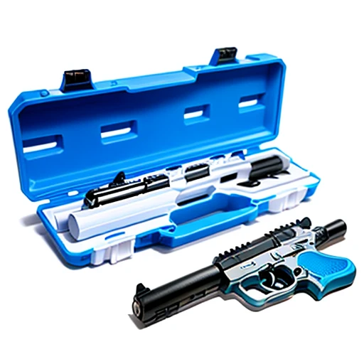 Only one toy blue gun product is placed horizontally and the background is white.