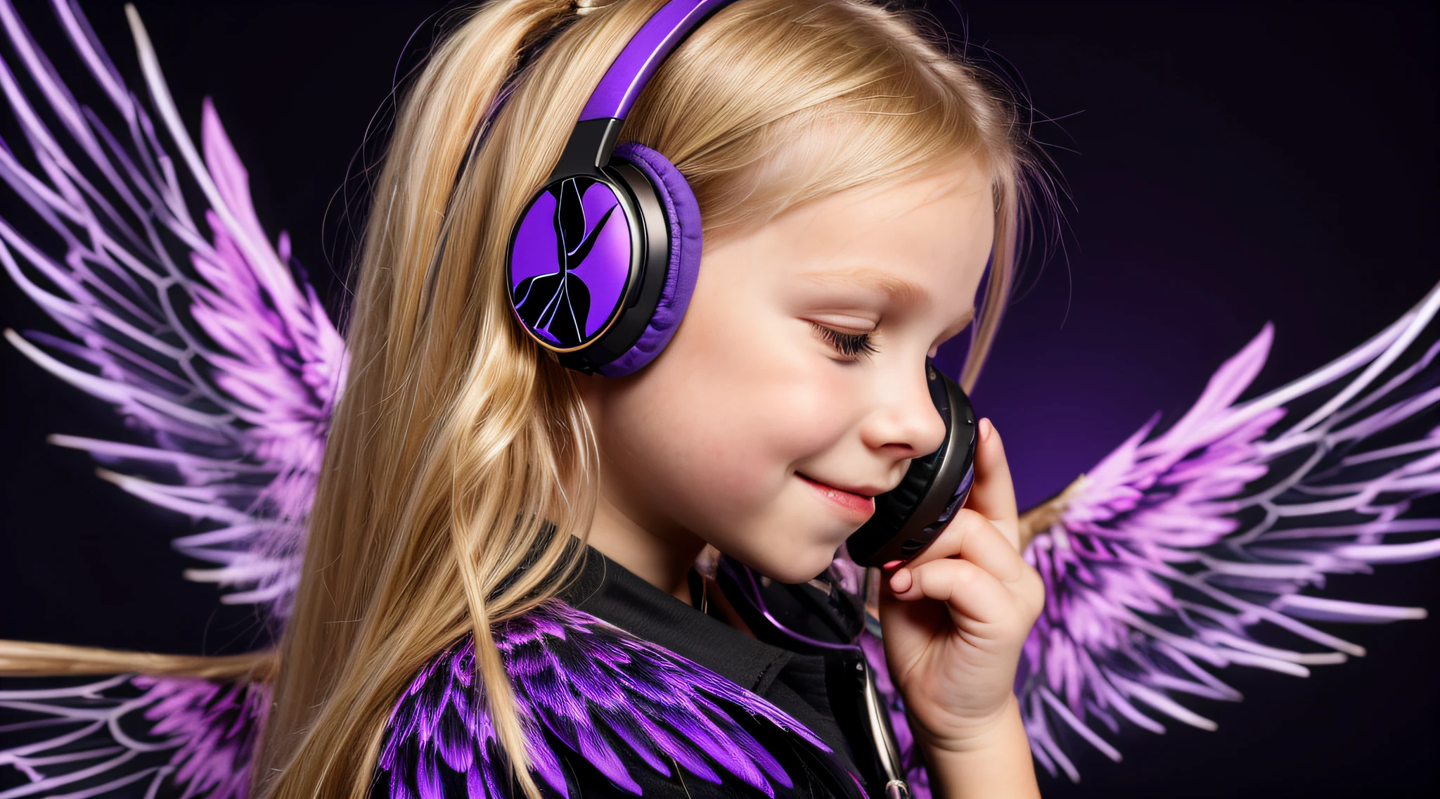 um close de um anel de fone de ouvido de uma loira pegando fogo., com asas em um fundo roxo, Asas pretas ligeiramente queimadas, cruz, Cruzes, Asas Negras,