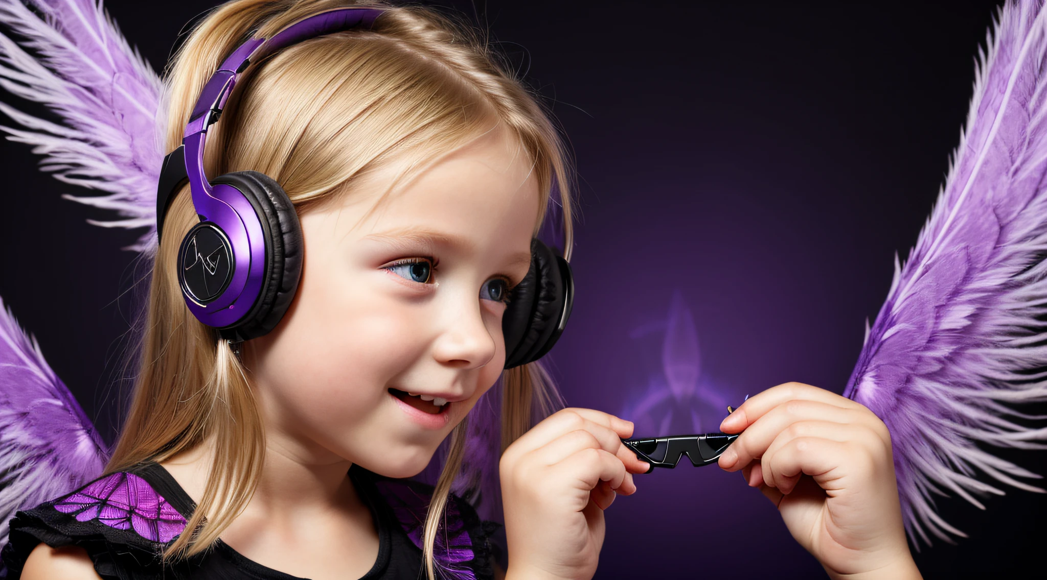 um close de um anel de fone de ouvido de uma loira pegando fogo., com asas em um fundo roxo, Asas pretas ligeiramente queimadas, cruz, Cruzes, Asas Negras,