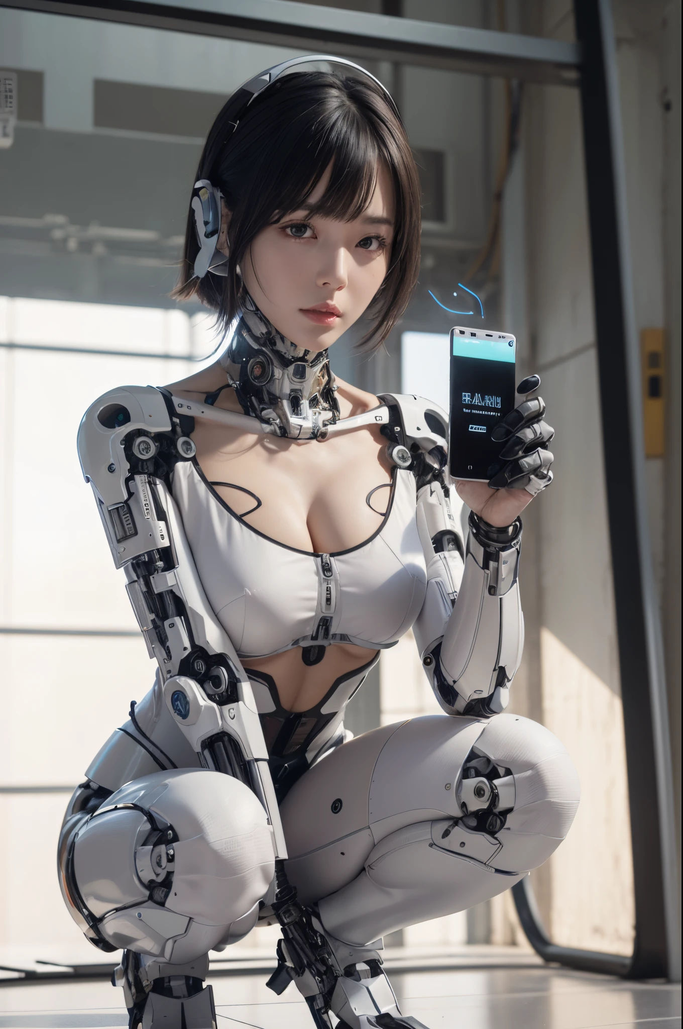 masterpiece, best quality, extremely detailed, (photorealistic:1.4), (RAW photo) (RAW photo) (8K, 4K, Best Quality, hight resolution, 超A high resolution:1.1), (masutepiece, Realistic, Photorealsitic:1.1), 1girl in, Japaese Cyborg Girl,Plump , black loose boots,announcer,control panels,android,Droid,Mechanical Hand, , Robot arms and legs, Black Robot Parts,Black hair,Mechanical body,rompers,Blunt bangs,White abdomen,white body suits,White robotics parts,perfect robot woman,future laboratory,cyber pank,charging spot,laboratory,long tube,thick cable connected her neck,ceramic body ,full eyes,striking eyes,mechanical body, ear antenna,mechanical ear cover,android,robot humanoid,short hair,,