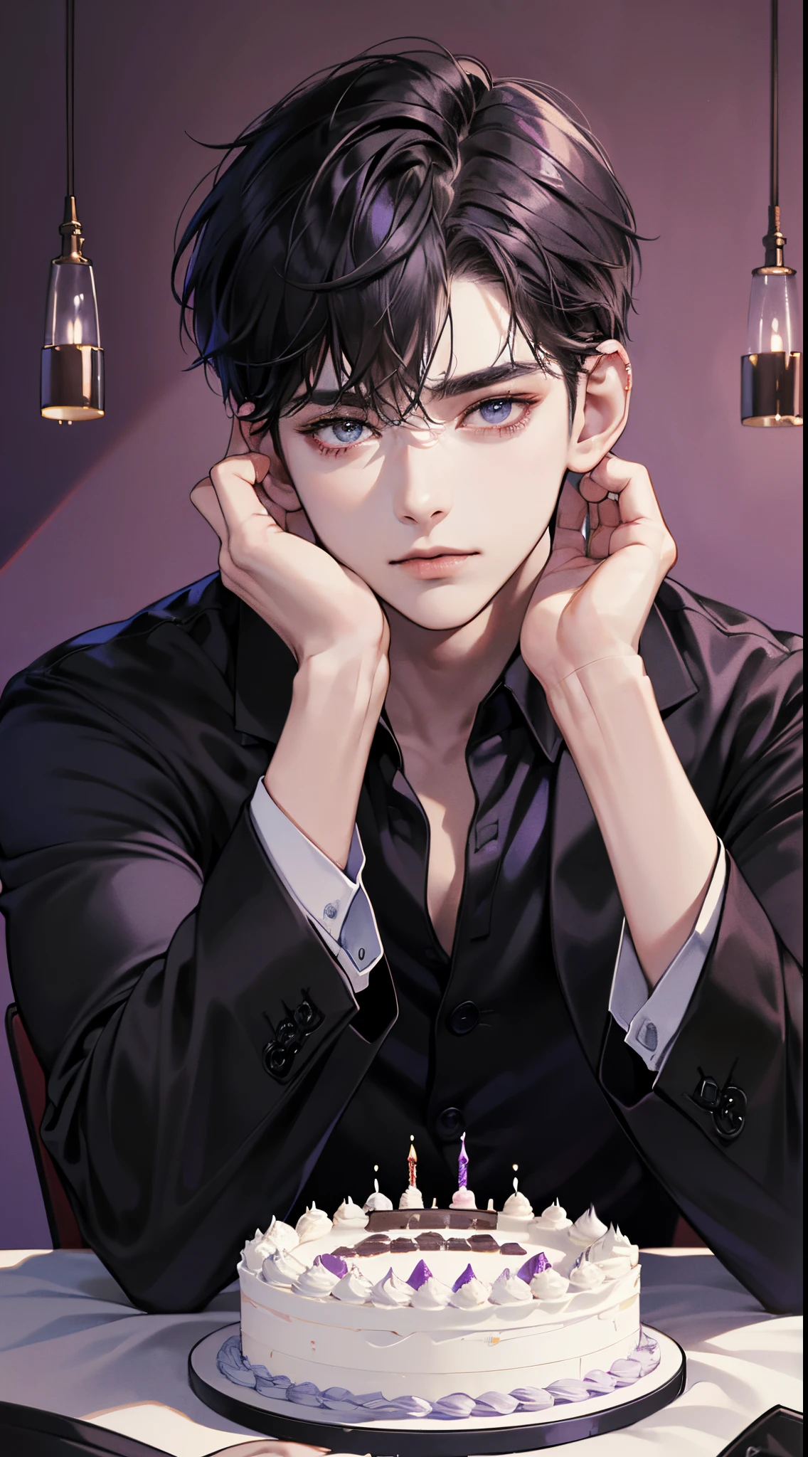 (Best Quality、8K,absurderes,highest grade,Portrait,Short hair, Very short hair,Piercing、beautiful male、Dark Fantasy、birthday cake and black dinner table、Birthday background based on black、He is sitting wearing a suit with a purple shirt and a black jacket、perfect hand