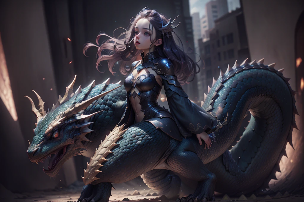 A beautiful girl who fused with a reptile. A snake without eyes growing out of a girl's body. A mouth with fangs. Scaled body. black snake. Scale-like armor. black feet. Full body image.