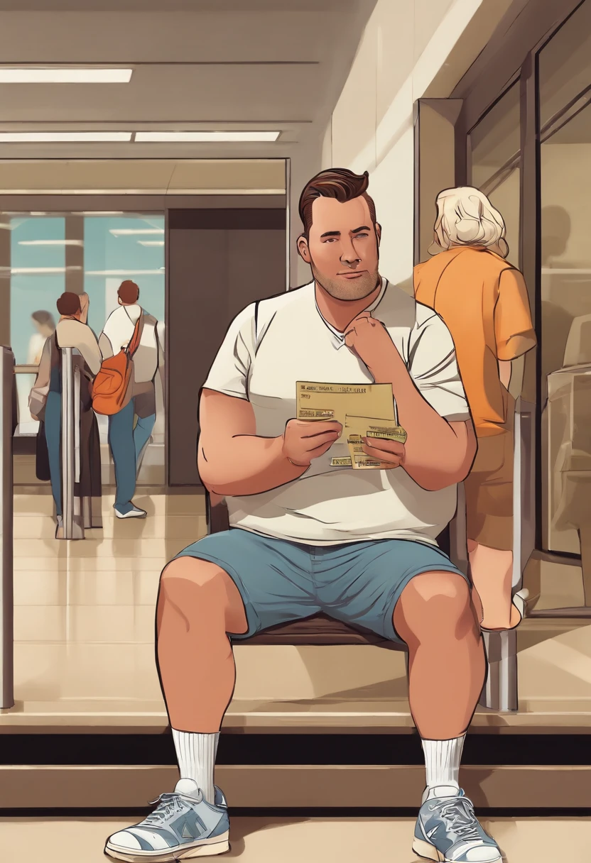 A photo of airport dad sitting at the gate with his family's boarding passes spread out in front of him,original,Airport dad dresses like a typical dad. Slightly overweight, He wears shirts tucked into shorts with a belt. High white socks with New Balance sneakers. , male