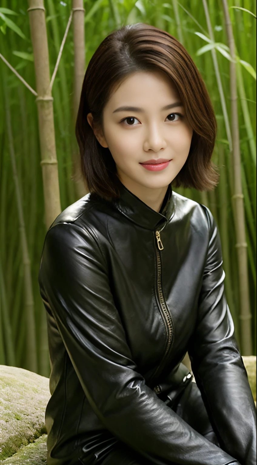 The highest image quality、超高分辨率、1 girl,Short hair details、exquisite and beautiful face、Wearing a leather long-sleeved robot suit、Sitting on a large rock in the bamboo forest