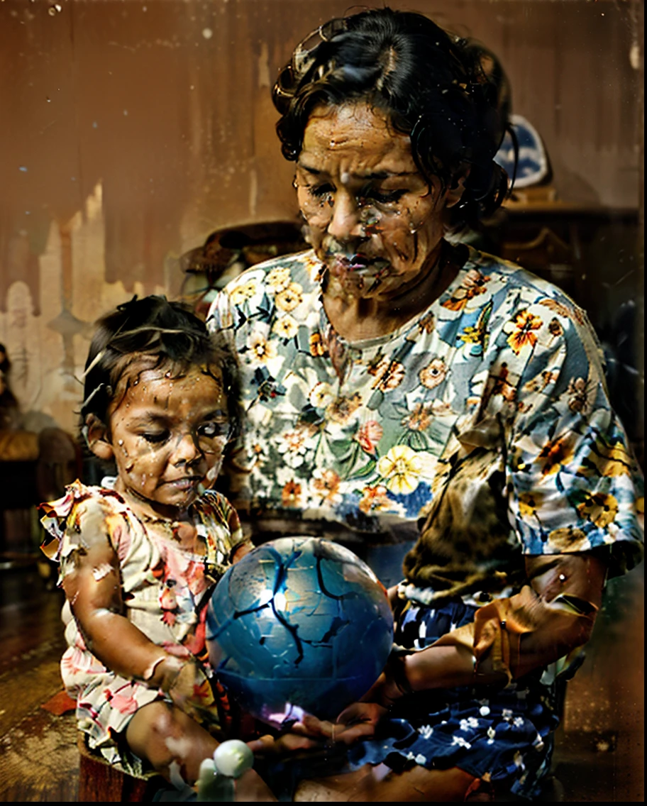 old photograph of a mother with a sad face who is sitting with a crying nerdinho on her lap. He is holding a colored ball. background of an old-style room. phytopraphy in vintage style. detailed and realistic.