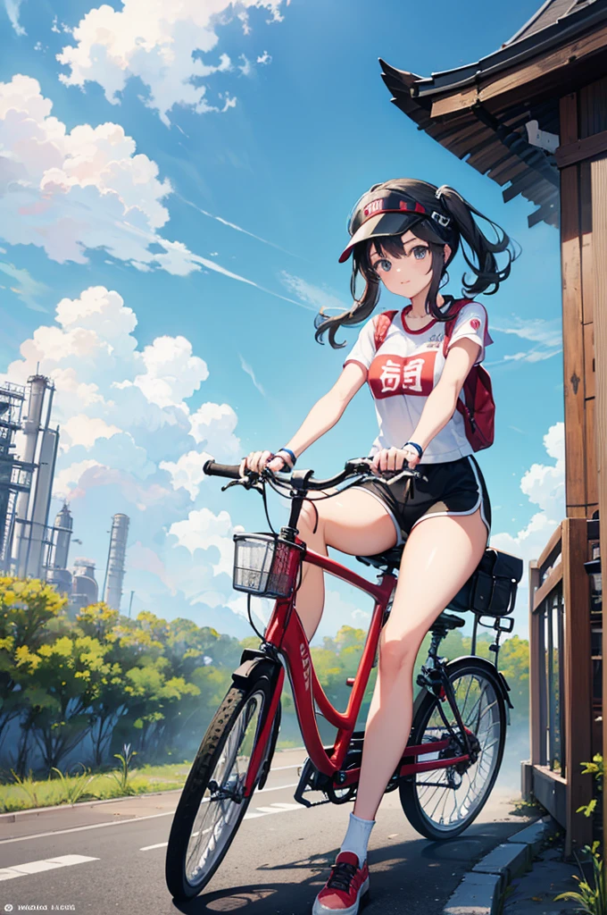 a girl rides a bicycle, dolphin shorts, Petrochemical Temple