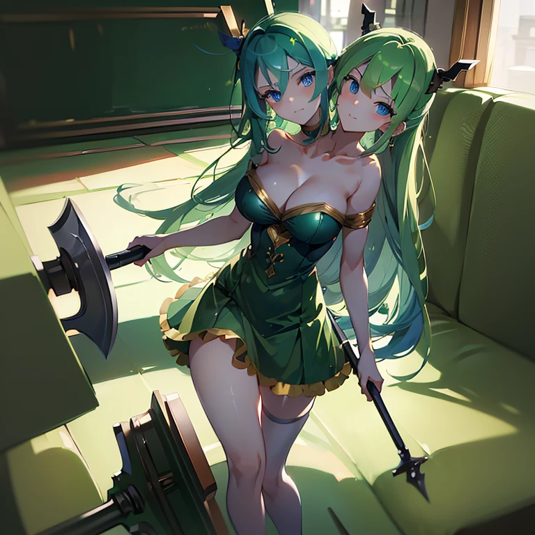 (masterpiece, best quality), best resolution, (2heads:1.5), 1girl, blue eyes, green hair, green dress, smug, deep eyes, (holding a hammer weapon) (war hammer)