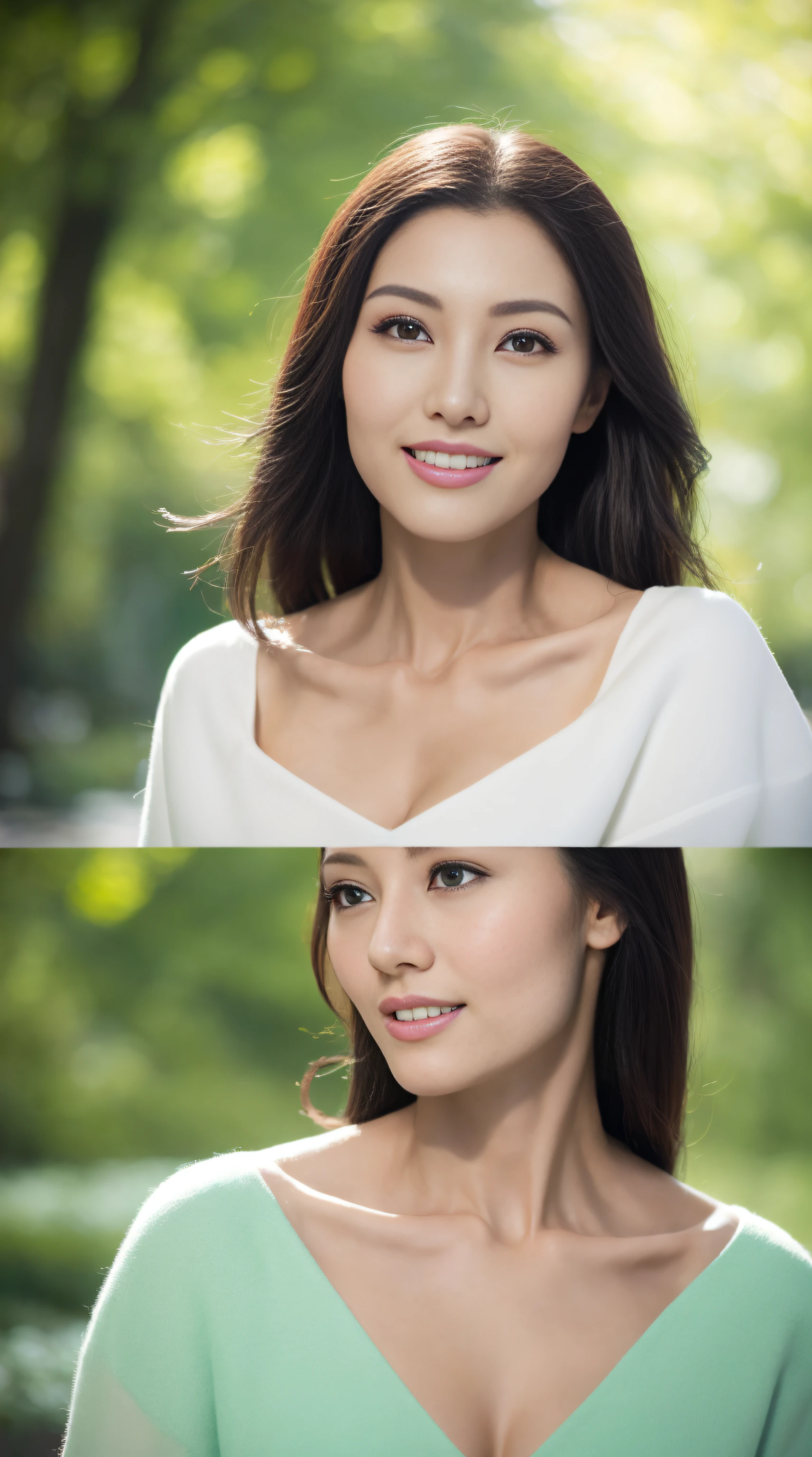 a fashion model，25 age old，[[[[Close-up cleavage]]]], [[[[climaxing]]]], [[[[Cole]]]], [[[[bshoulder]]]],perfect  eyes, Perfect iris，perfect lips，perfect teeth，Perfect Skin，with fair skin，HighDynamicRange，Movie Girl，(delicated face)，(Highly defined faces)，White casual wear，The background is green trees，fresh flowers，4K Ultra HD, 超高分辨率, (realistically: 1.4), Best quality，tmasterpiece，（pastel colour：1.2）