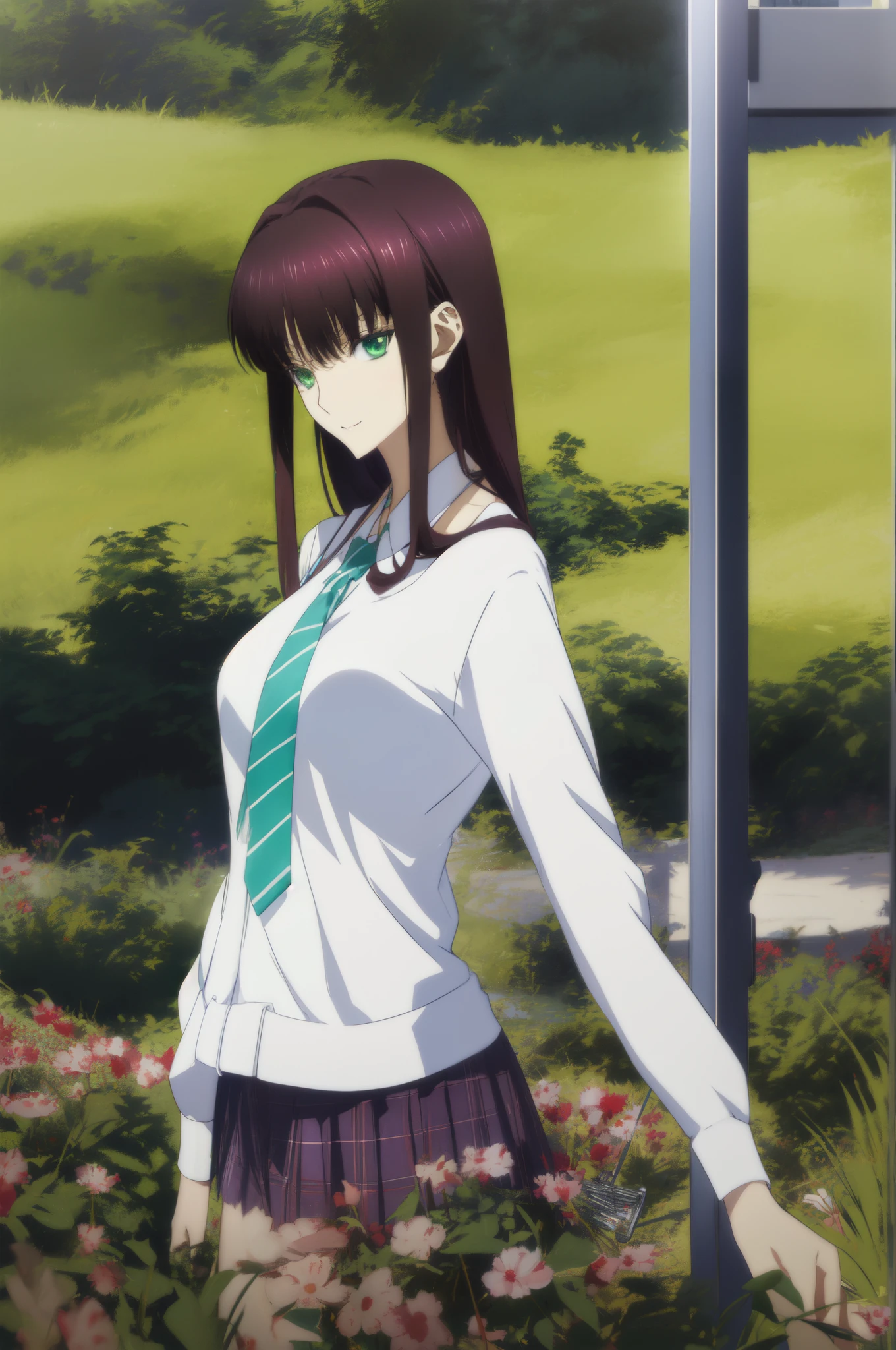 beautiful anime high school girl, anime moe art style, a hyperrealistic schoolgirl, Seductive Anime Girl, an anime girl, Realistic Schoolgirl, charming anime girls, a hyperrealistic schoolgirl, Anime Girl,8K UHD, hight resolution,Very detailed CG, High quality shadows, Detail Beautiful delicate face, Detail Beautiful delicate eyes,BREAK(Very detailed 8k wallpaper),(Highly detailed CG 8K wallpaper),Makima (chain saw man),Sukasaha (Fate/grand order),Shimohira Reihua ,Hi-Res,Very delicate and beautiful CG illustration,top-quality,Realistic skin feeling,Realistic fabric,Realistic texture,beautiful thigh,big breasts thin waist,(((masutepiece))), (((Best Quality))),8K,32K,masterpiece,beautiful alluring anime woman,ultra-definition,ultra-detailliert,hight resolution,a hyperrealistic schoolgirl,masuter piece, Best Quality, High quality, High Definition, high quality texture, high quality shadow, high detailing,finely detail,1girl in,High school students,Solo,Soio,Only one person,Alone,One Person,tall,AS-Adult,Mature atmosphere,Leg length,neat and long legs,8 Head Body,stature:171cm,Mature girls,Reddish-purple hair,Reddish-purple hair,Purple hair,cassis colored hair,silky and smooth hair,Colorful hair,Straight hair,Smile,Smiling happily,lively expression,Cute smile,Cool Beauty,Beautuful Women,Neat face, Beautiful realism,Seductive look,Bewitching look,serene expressions,beautiful hairl,She wears a necklace around her neck,Necklace,bead necklace,magatama accessories,A slight smil,Colorful eyes,green colored eyes,Jade-colored eyes,beautidful eyes,Bright eye,Delicat eyes,Eyes Like Gems,Jade Eyes,Hanging eyes,(Green eyes:1.5),Seductive face,((White collared shirt)),Button shirt,neck tie,Red tie,校服,High school students,School Sweater,Dark grey sweater,plaid skirts,plein air,I have a smartphone,After school,early evening,Shoulder back,takeout,a park,Walking,