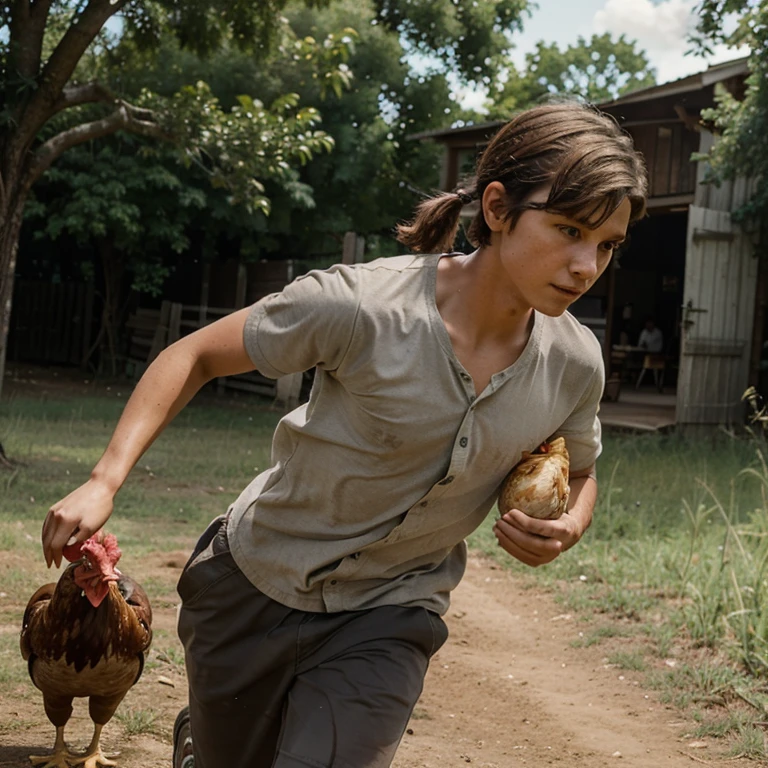 Country woman running after boy with a chicken in her hands.