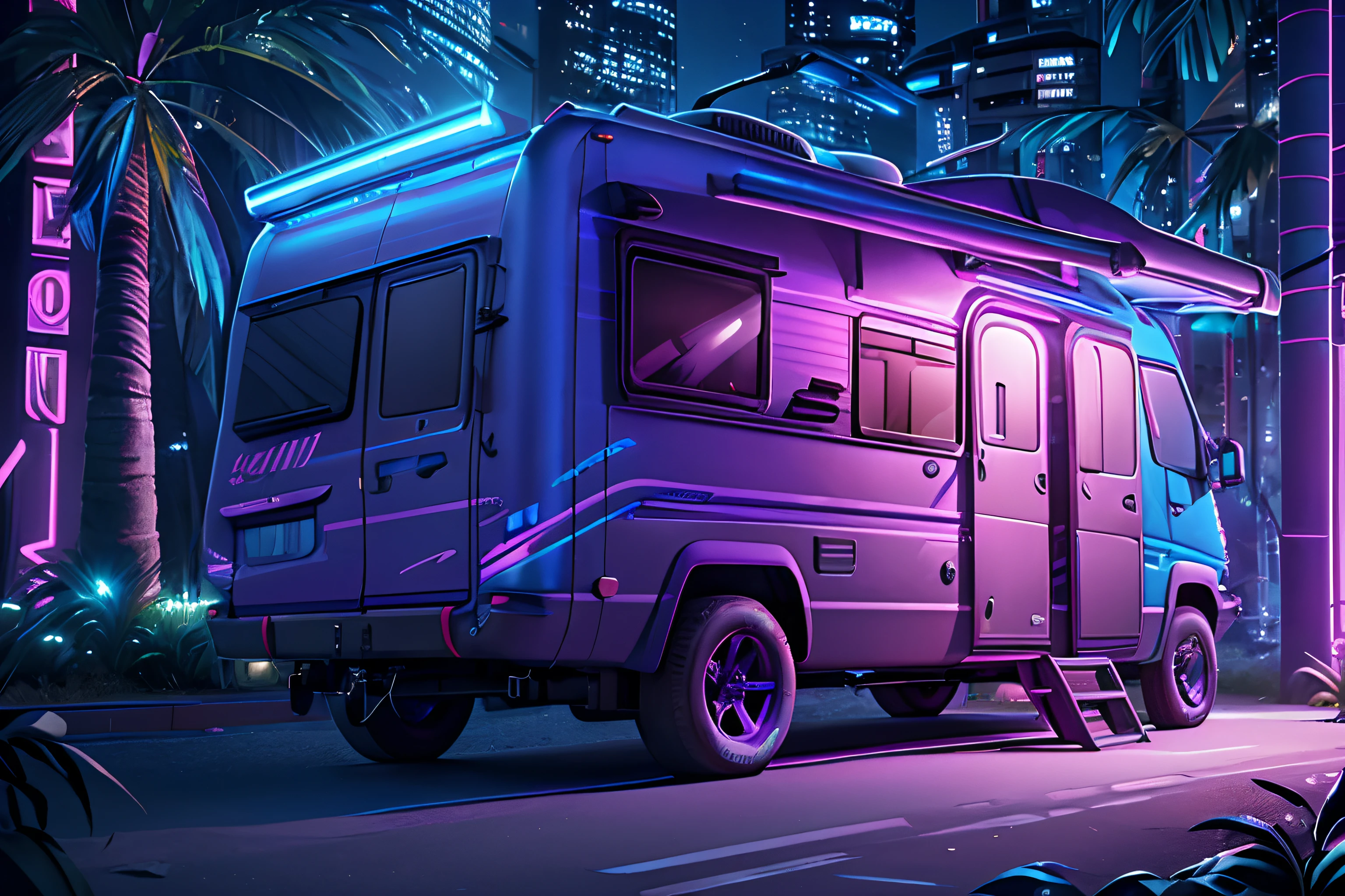 Cyberpunk style camping car image, blue and purple neon sign，Abstract graffiti on campervan, in the jungle，camper van,(1 Girl:1.4), exteriors，tarp tent,light,(8K, Award-Standing, Best Quality, high resolucion;, high detailed, Anatomically accurate., textured skin, 1 Girl:1.3),(RV (RV):1.3)Fly with advanced technology