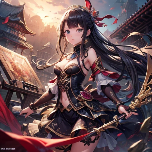 Dark Blue Hair、Golden Eyes、Braid、One good looking girl、solo、anime、Checkered mini skirt、Ruffles on the skirt、Red T-shirt、Cape、Gothic、Black knee-high socks、bandana、Wearing a ribbon、Ribbon on waist、Tilting face、Teeth are visible、Sunset sky、Piercing the clouds、Contrail、tree、Touching your face、lotus leaves、Cumulonimbus、Pillar of Light、Magic wand、Sitting on a golden treasure chest、I'm pounding、Crystal Fire