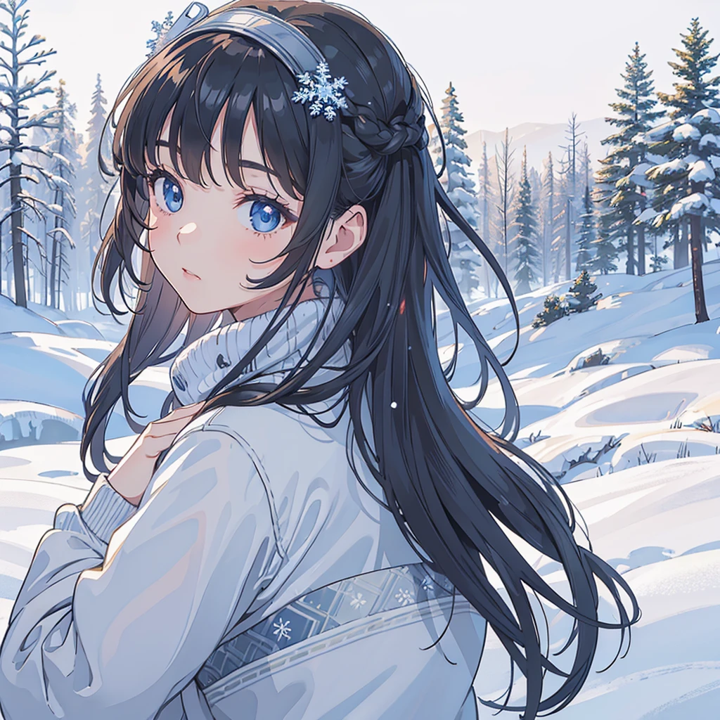 Masterpiece designs by the world's top AI artists, top-quality, 8K,1girl in, gradation hair, detailed winter clothes, Winter Forest, Snowflake, Soft cinematic light, elegent, Back lighting, sface focus, brilliance, From Side, look up to、tome'snowflakes falling