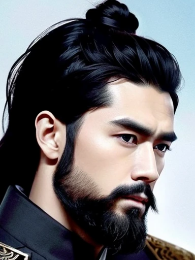 three kingdoms、Han people、Best Quality,  A old man, Solo, Asian, ((Upper body:1.3))、hair in bun、hair tied、Ornament on the head、long beard、hightquality，tmasterpiece，ancient chinese men， wide chin, delicate jaw line, Handsome, male hump, Black hair, Characters of Romance of the Three Kingdoms, chain mail, General Armor, Fierce, a beard, hard disk, ancient chinese men, Official, ancient ruler, Military general, majesty, majesty, majesty,  Facial HD, wisdom, Exquisite face depiction，Super masterpiece，delicate portrayal of facial features，Delicate Hair Depiction，Delicate Eye Depiction，4k画质，dingdall effect，intricate and detailed clothing，dynamic angle
