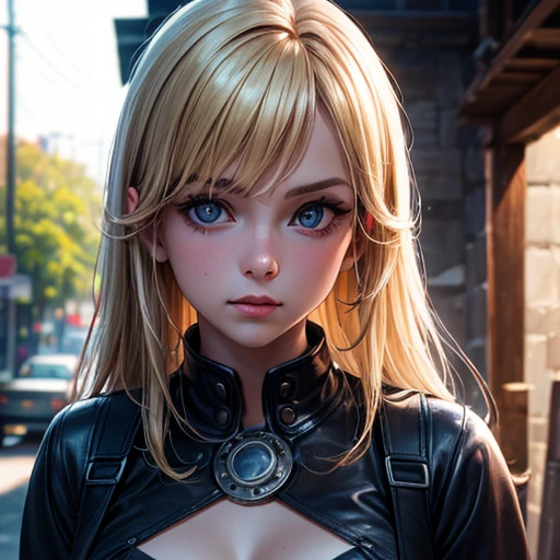 Ultra realista, 8 year old child blonde hair, detailed cybernetic blue eyes , rosto chorando , seios pequenos, Cyborg's arms and legs, nun's hat, saia muito curta, cinta-liga , voando ceu azul , gun arm , luzes led , telas olograficas azuis , cyberpunk