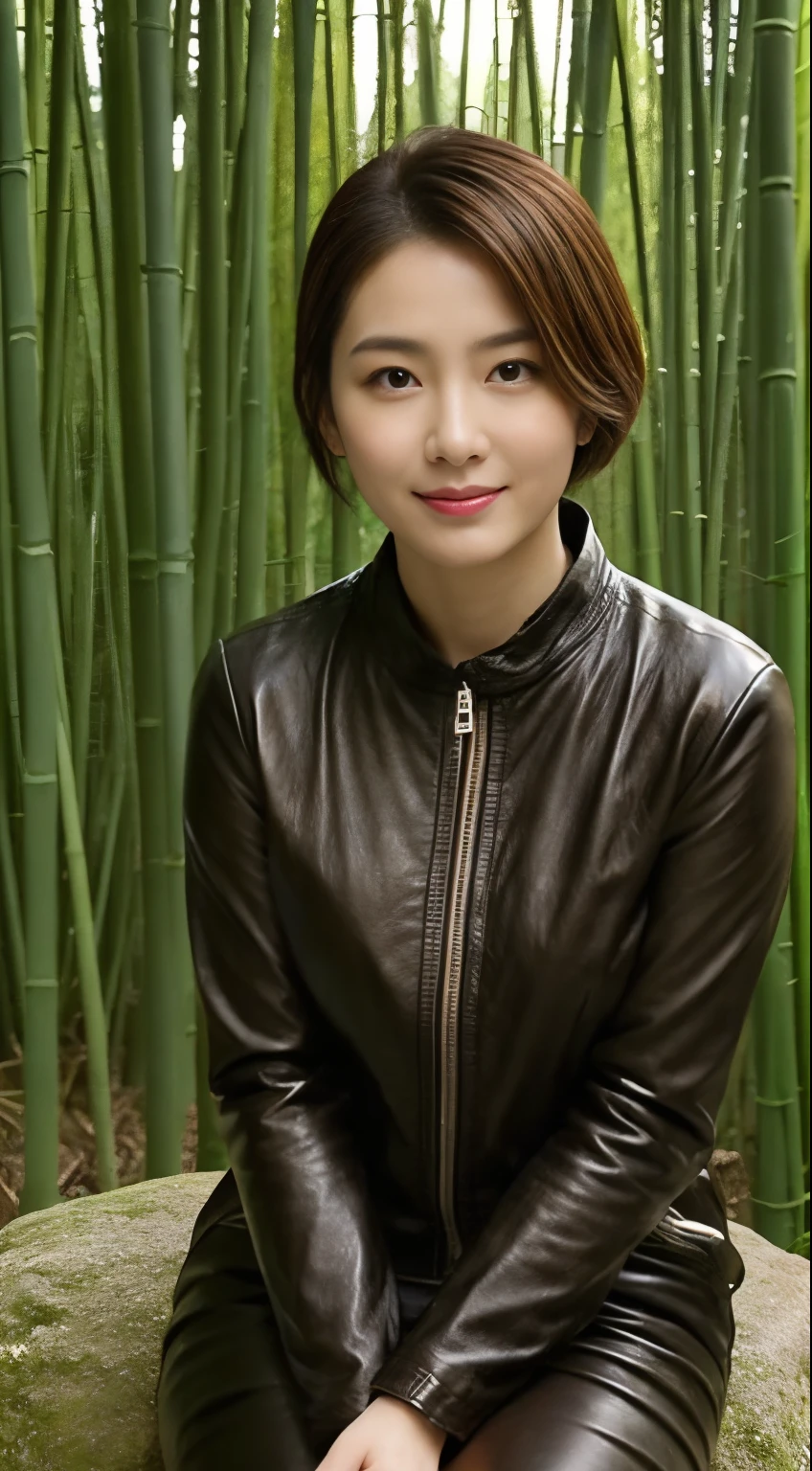 The highest image quality、超高分辨率、1 girl,Short hair details、exquisite and beautiful face、Wearing a leather long-sleeved robot suit、Sitting on a large rock in the bamboo forest