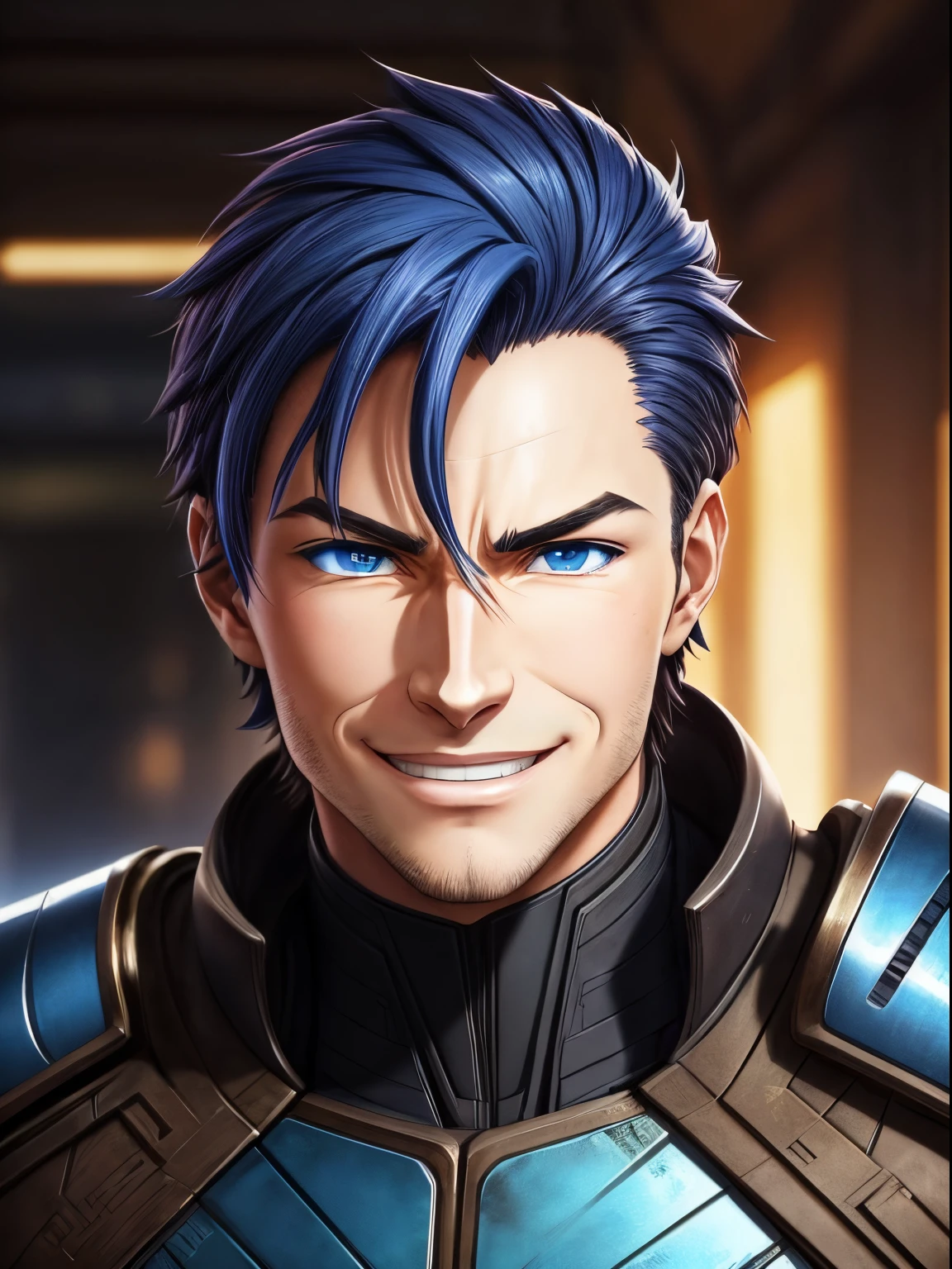 close-up of a man with blue eyes in a dark room, face of an armored villian, Attractive sci-fi face, In the anime movie Ergo Proxy, character art closeup, Rogue grin, in the anime series ergo proxy, Detailed android face, Still from the 2020 film "Dune", The armor focuses on the face