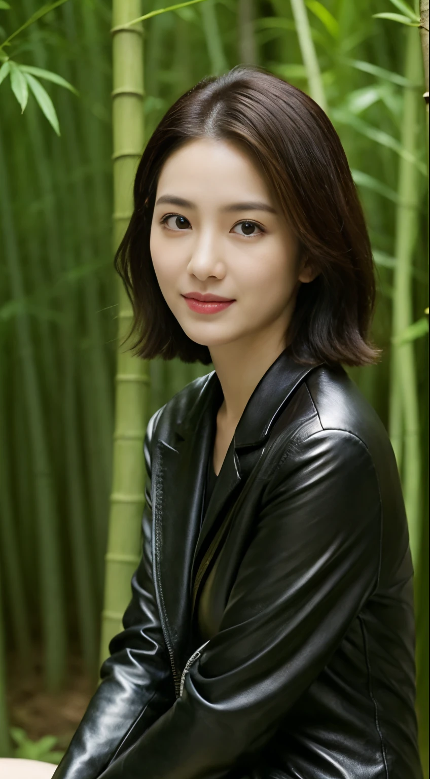 The highest image quality、超高分辨率、1 girl,Short hair details、exquisite and beautiful face、Wearing a leather long-sleeved robot suit、Sitting on a large rock in the bamboo forest