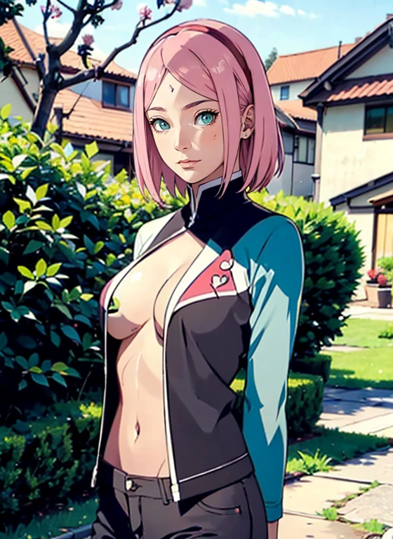 1 mulher madura,corpo sexy,Corpo Perfeito,Roupas muito apertadas(jaleco hospitalar),Mostra muita pele,Roupas Sexy,,Seios espreitam,Standing in the garden,Close-up,arms behind back,sakura haruno,faixa de cabelo vermelho, ((camisa branca)),white jeans,hot, seios grandes, Front view, sentado, quarto, Sente-se na cama((desabotoar camisas))