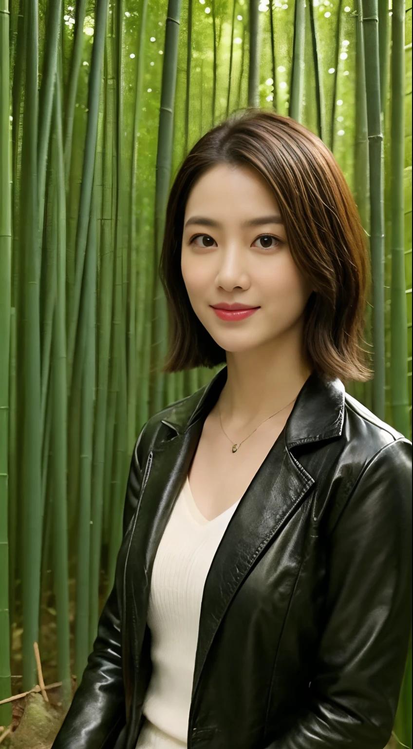 The highest image quality、超高分辨率、1 girl,Short hair details、exquisite and beautiful face、Wearing a leather long-sleeved robot suit、Sitting on a large rock in the bamboo forest
