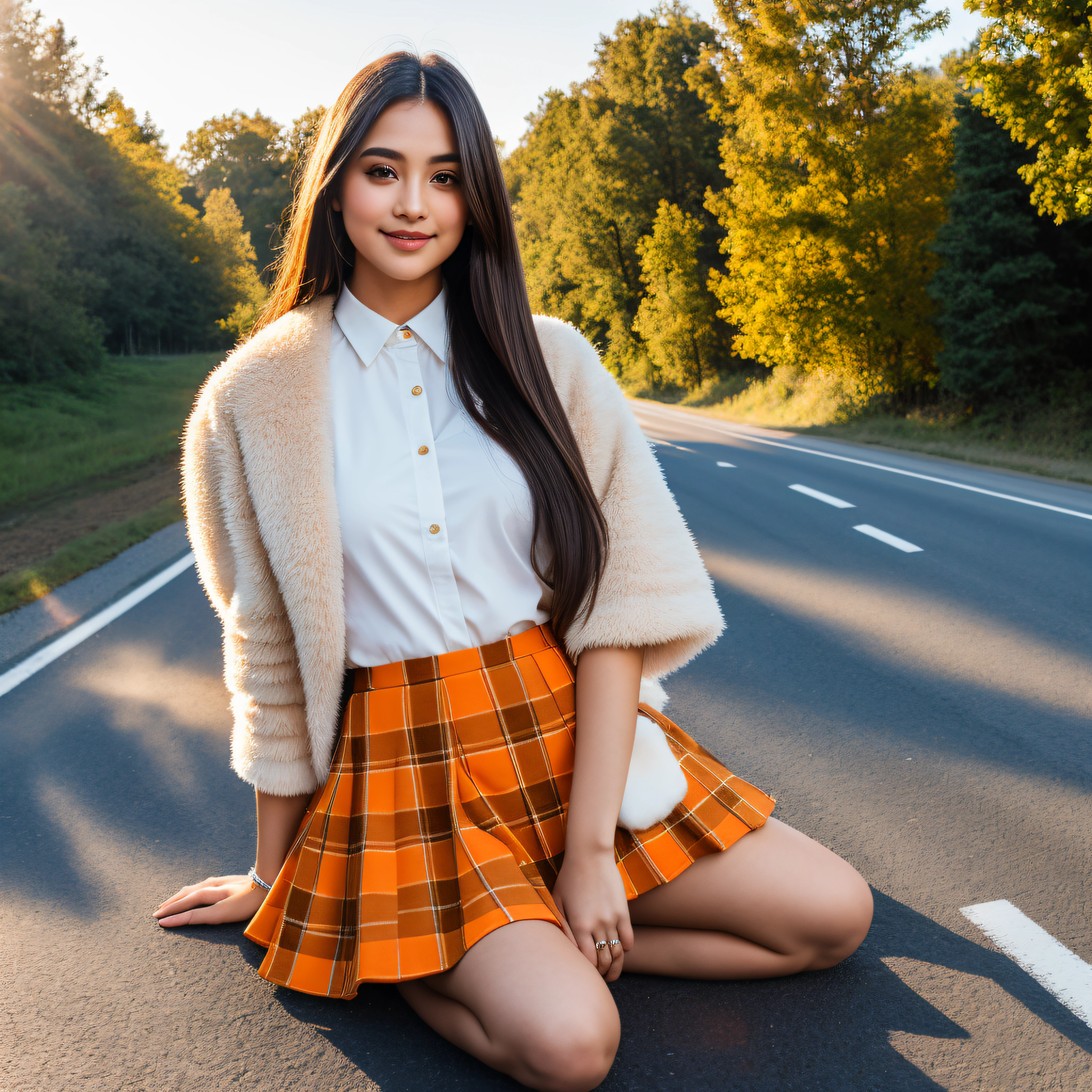 Clear Focus, Perfect Focus,masterpiece of beauty art,beautiful young girl with brown eyes and long dark hair, exuberant hair, smiles slightly;,Wearing shorts, plaid orange and white miniskirt, and a fluffy sheepskin coat, I'm sitting on a stool in the middle of the road, on asphalt, on the highway,along the edges of the road there are tall poplars and fonori,Bright sun,blue skies,behind her colored smoke, high skin detail,clean skin,High Quality 8K,12),36 mm