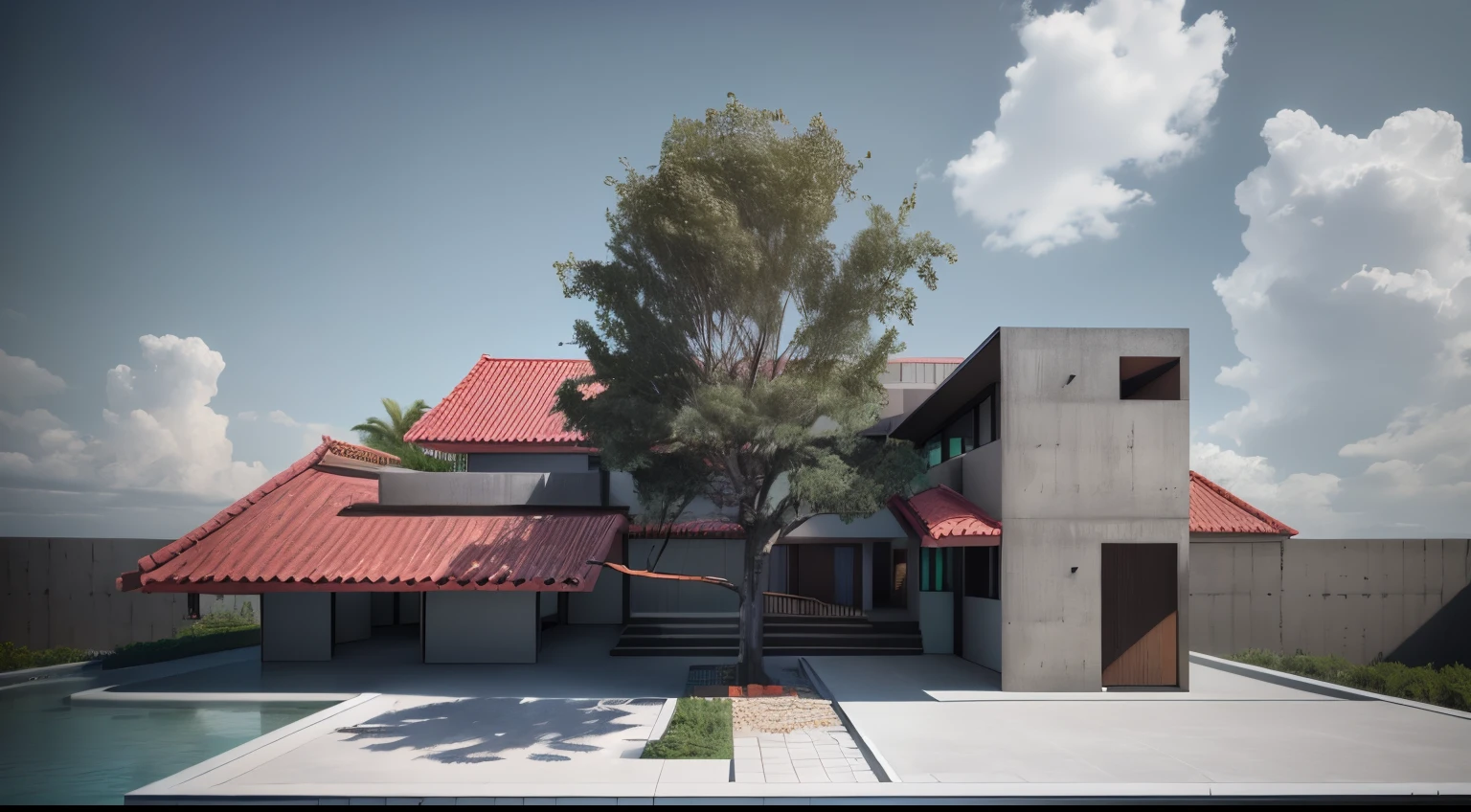 there is a 3d image of a house with a tree in the front, architecture render, detail render, architectural render, concept house, architectural visualisation, archviz, detailed archviz render, detailed render, lumion render, complex 3d render, semi - realistic render, complex 3 d render, rendered in lumion pro, architectural visualization, red tile roof, concrete wall, tropical architecture
