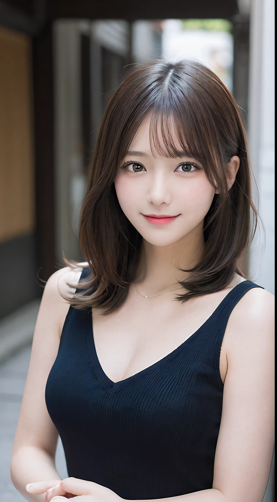 masutepiece, Best Quality, Illustration, Ultra-detailed, finely detail, hight resolution, 8K Wallpaper, Perfect dynamic composition, Beautiful detailed eyes, doress,Medium Hair, mid-chest, Natural Color Lip, Random and sexy poses,Smile,Osaka,20 years girl,Cute