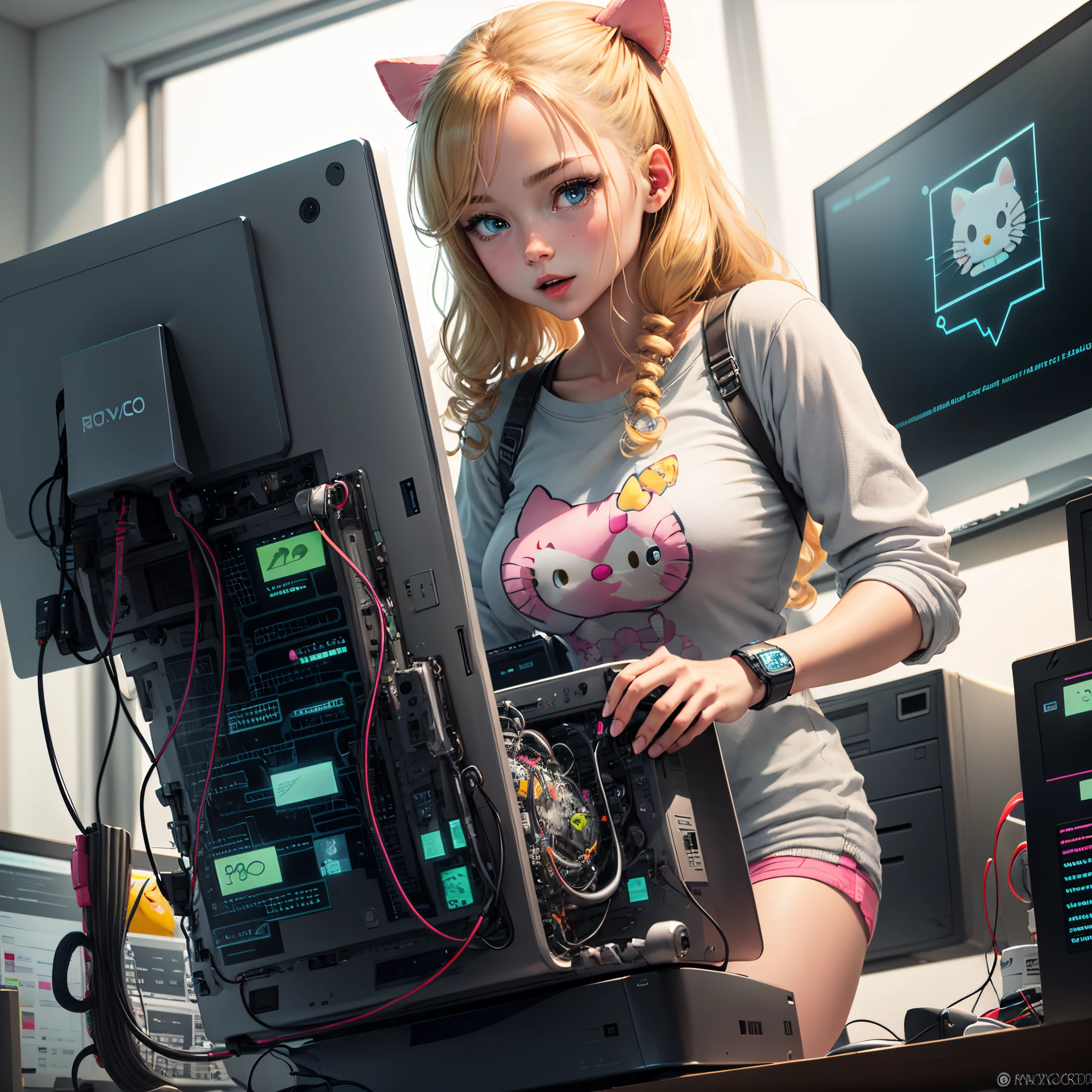 hello kitty hacking on large computer setup