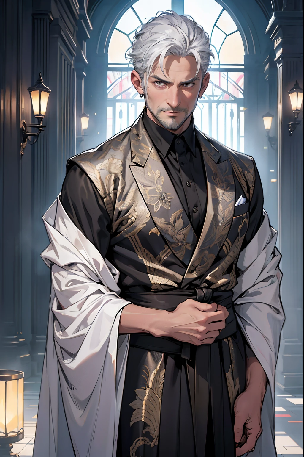 (Best Quality, masutepiece:1.2), 超A high resolution, Realistic, Front lighting, intricate detailes, Exquisite details and textures, (1male people), Solo ,(40-year-old dad:1.2), designed beard、Face Highlight, Upper body, Detailed face, Tear mole, White skin, Silver hair, short-haired、all back hair, Looking at Viewer, Big eyes, wearing a black dress suit、silk robe, (Hollow pattern, white, Silk), earrings, Muscular body, luxury room, Professional Lighting, Photon mapping, Radio City, Physically-based rendering,