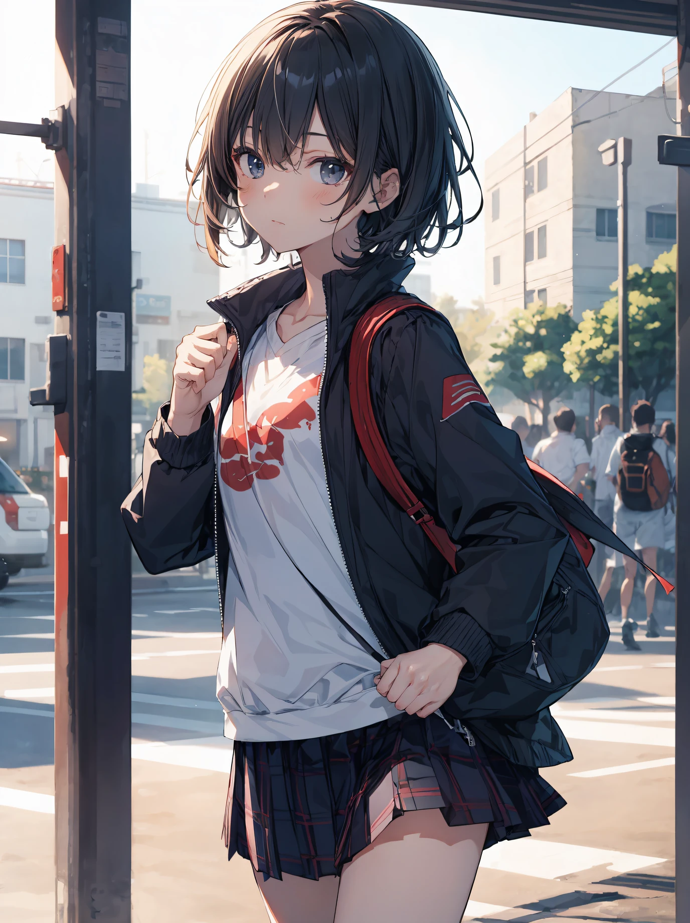 divine quality, anime moe art style,Best Anime 8K Konachan Wallpapers,Pixiv Contest Winner,Badass Anime 8K,Perfect Anatomy, (Draw a girl sleepily walking to school. ),BREAK, 1girl in, (Solo,Lori,,13yea:1.3),a junior gynous attraction, (Very short hair),hair messy, Full limbs, complete fingers,flat chest, Small butt, groin, Small eyes,Precise black eyes,disgusted eye, School uniform, On the way to school. BREAK,Ultra-detailed,High resolution,super detailed skin, Professional Lighting,8k eye details, (cool illustration:1.2),