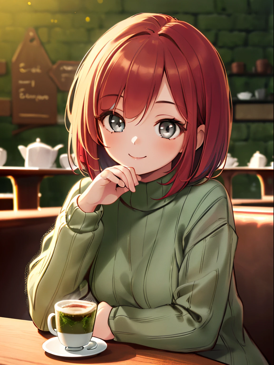 (best quality, masterpiece, high resolution, extreme detailed, best shadow), 1 girl, (soft look), smile, beautiful wine red short bob hair, (moss green sweater), (beautiful light grey eyes, cute), ((warm cafe background)), beautiful fingers