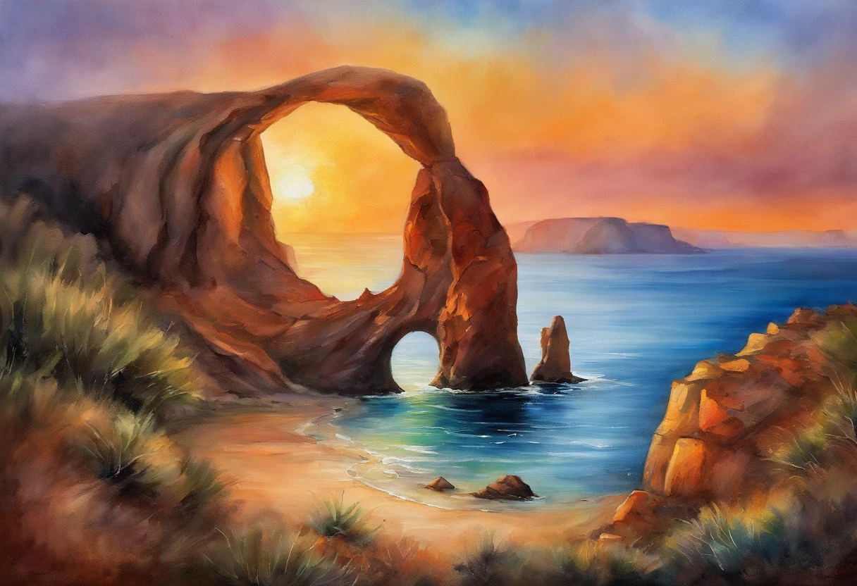 the sea，In the ocean，View of rock formation with hole in middle, rock arch, rock arc, View through the portal, wide angle landscape photography, rock formations, in a large desert cave, A world that can only be seen through a portal, looking out at a sunset, Fascinating, epic land formations, an amazing landscape image, Sunrise light, author：Sol Yaffe,