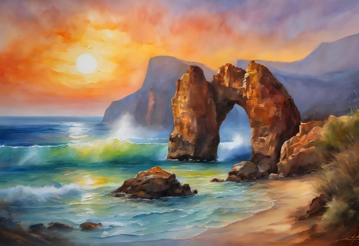 the sea，In the ocean，View of rock formation with hole in middle, rock arch, rock arc, View through the portal, wide angle landscape photography, rock formations, in a large desert cave, A world that can only be seen through a portal, looking out at a sunset, Fascinating, epic land formations, an amazing landscape image, Sunrise light, author：Sol Yaffe,