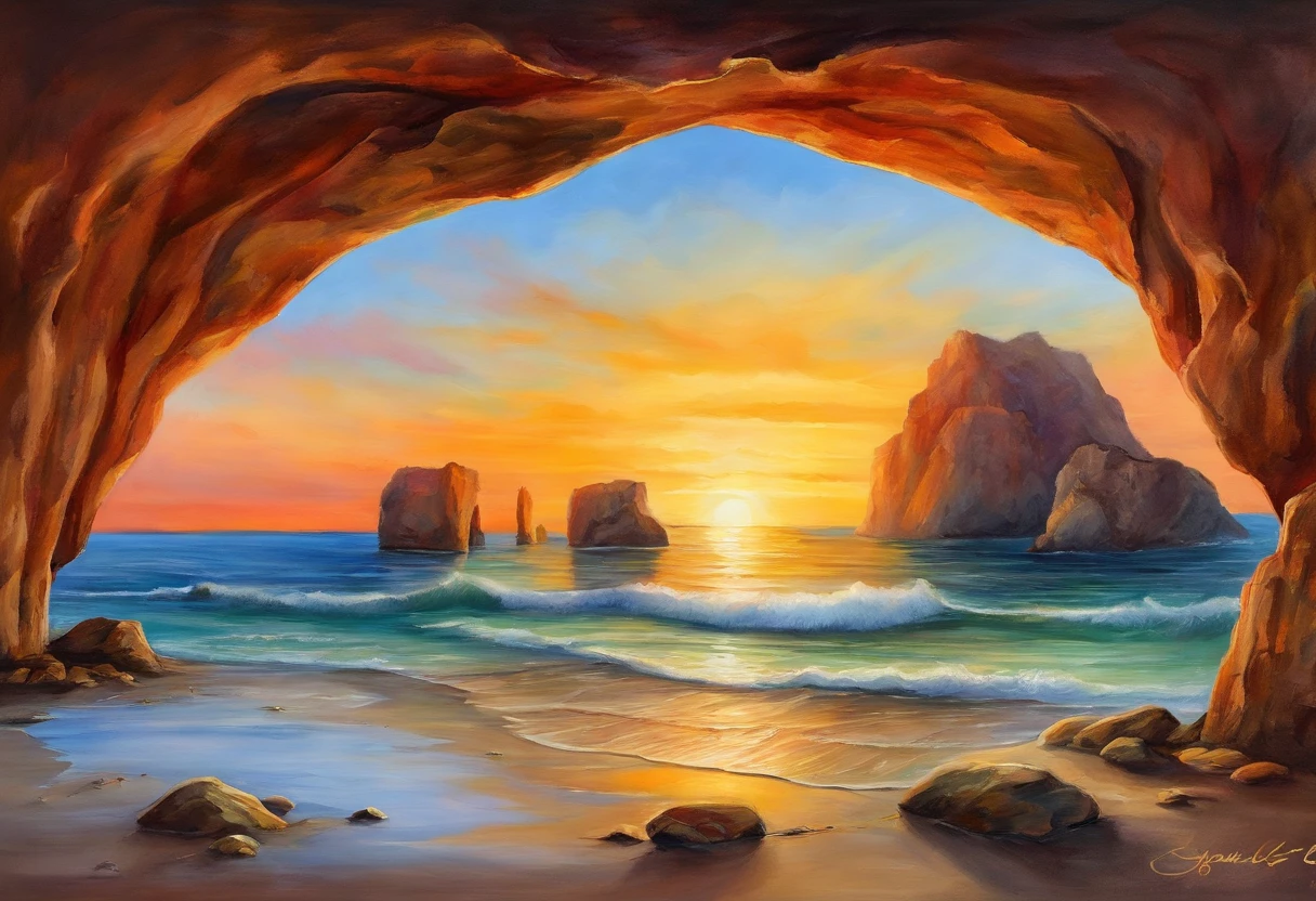 the sea,In the ocean,View of rock formation with hole in middle, rock arch, rock arc, View through the portal, wide angle landscape photography, rock formations, in a large desert cave, A world that can only be seen through a portal, looking out at a sunset, Fascinating, epic land formations, an amazing landscape image, Sunrise light, author:Sol Yaffe,