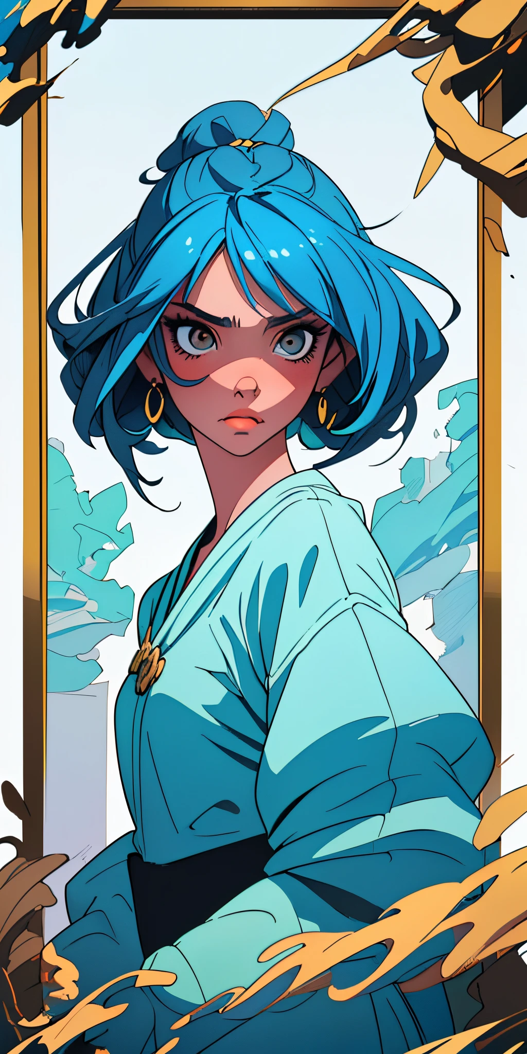 ((beste-Qualit, tmasterpiece):1.2), Incredibly detailed and stunning piece of art High resolution and flawless execution. blue hair Brazilian girl in Brazilian national clothes accessories small looking into the frame blue yellow