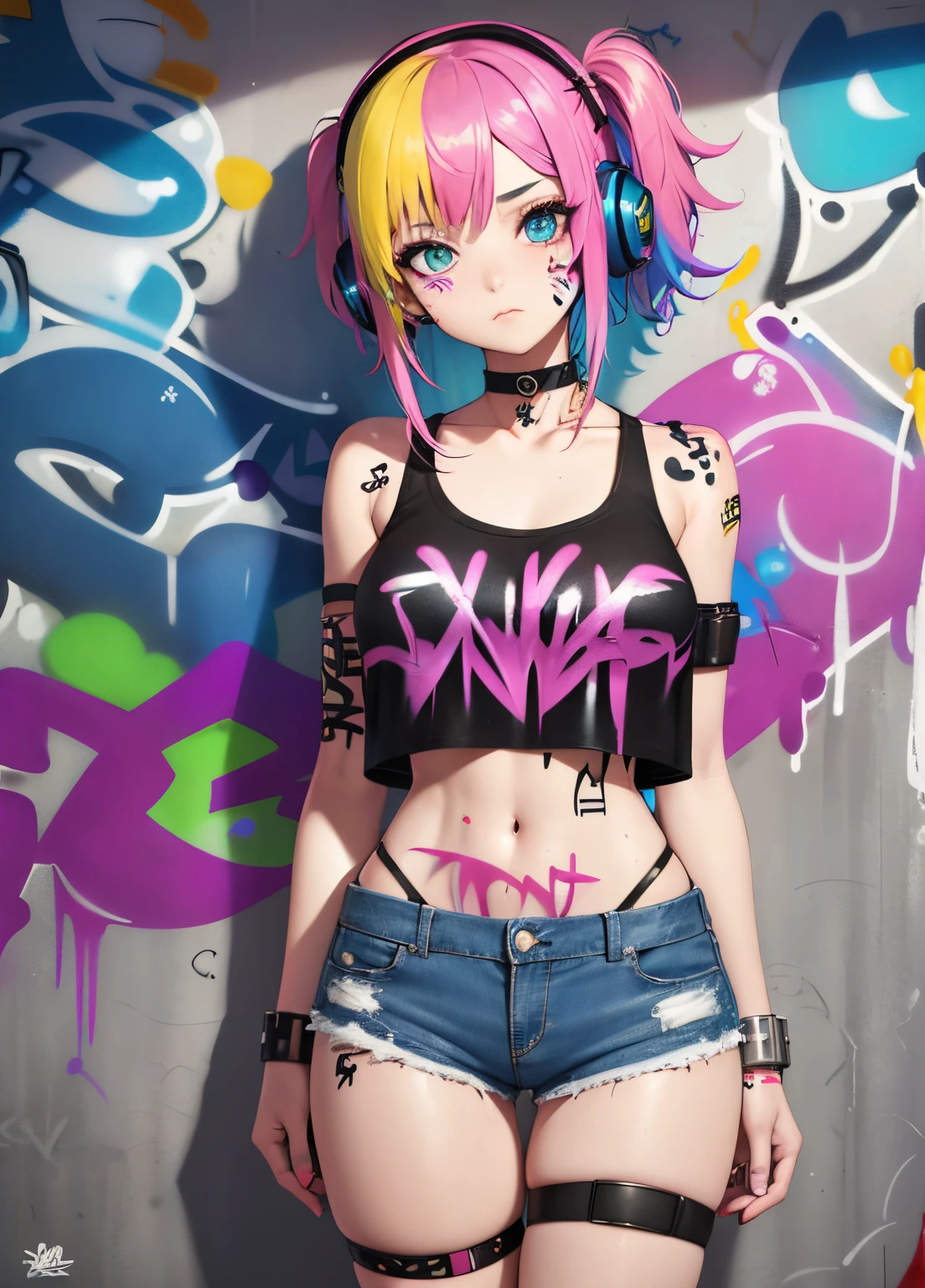 masterpiece, best quality, 1girl, solo, crop top, denim shorts, choker, (graffiti:1.5), paint splatter, arms behind back, against wall, looking at viewer, armband, thigh strap, paint on body, head tilt, bored, multicolored hair, aqua eyes, headset,