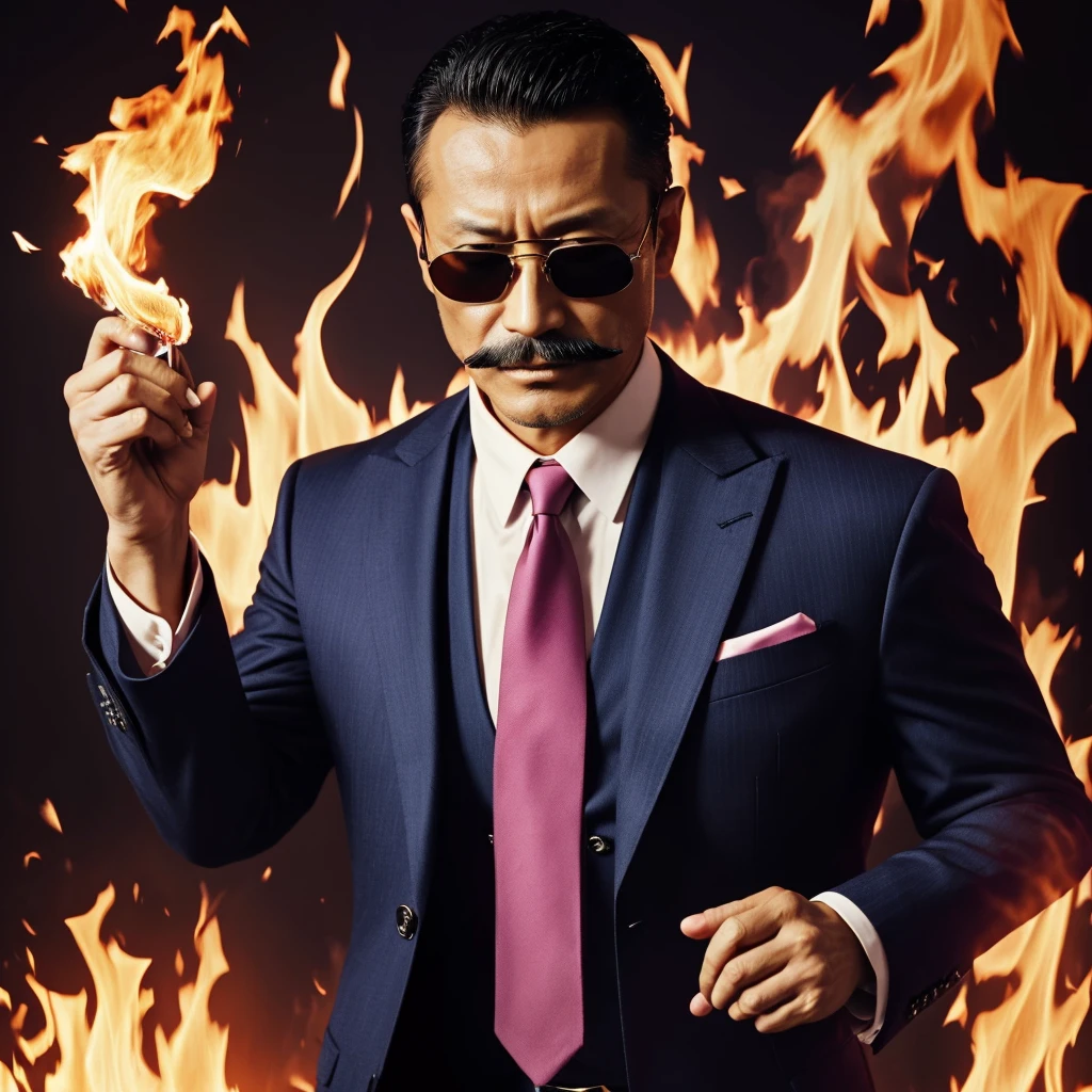 55 years old，Hidetoshi Nakata ，（Kogoro Mouri 1.3), A man in a suit, necktie, Ray ban sunglasses, tong, mustache，little beard，wizard, can manipulate fire, fire in pink colour, pin flame, pin colour of fire effect, masterpiece，4k hd