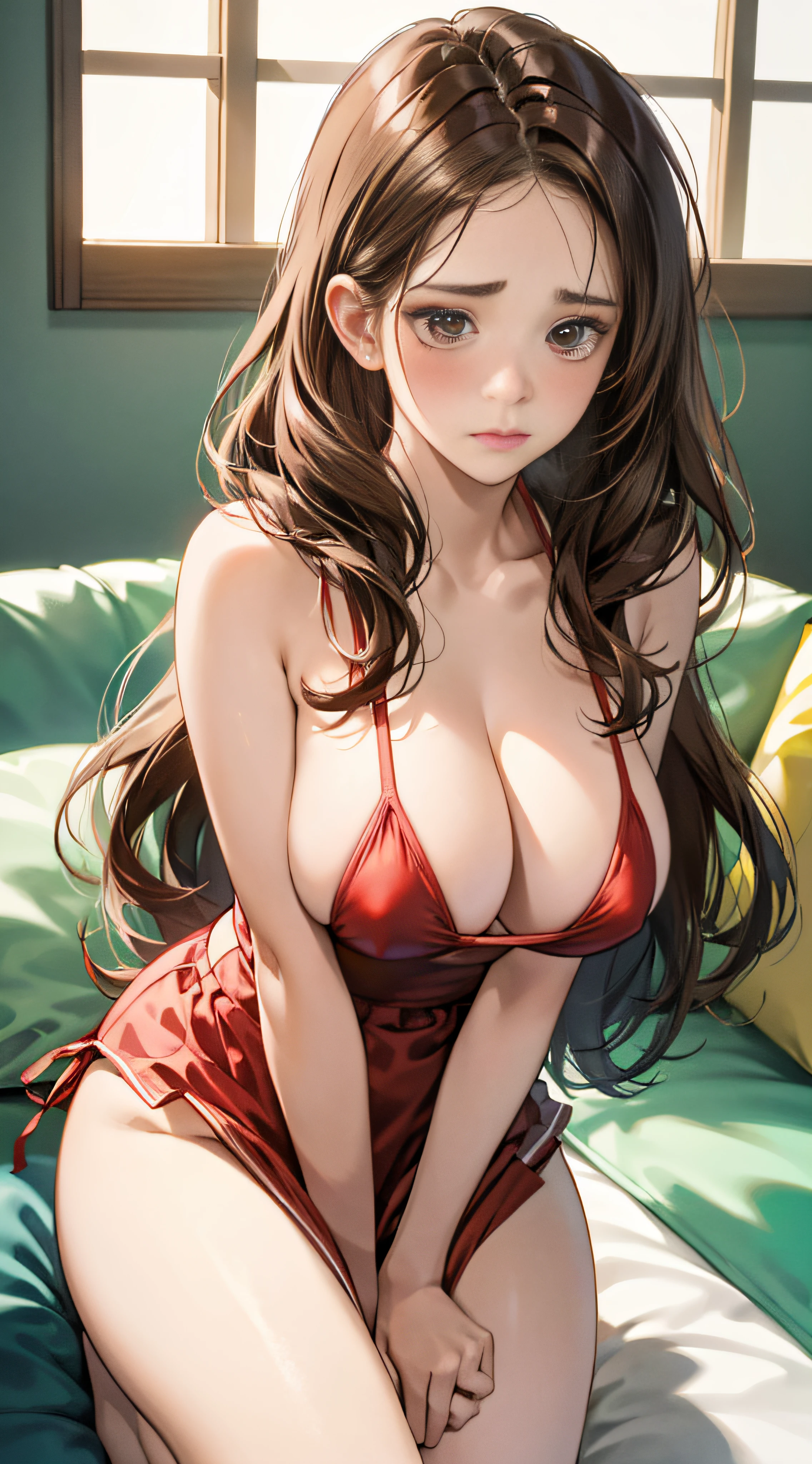 (8K,HighDynamicRange,A high resolution),((((ultra-realistic realism,tmasterpiece,Best quality,超A high resolution))),(Pin Light,电影灯光),(hyper-detailing,finely detailled),1 18-year-old girl,Brown hair,Red ribbons ,((Impatient look)),beautiful boobs,white shirt,Red dress,Good style,,(facing the front there)(((blushed cheeks、embarrassing expression)),Microbikini, Colossal tits,Chopping,Emphasize cleavage, sexy for,legs long, spread their legs, sharp vision,