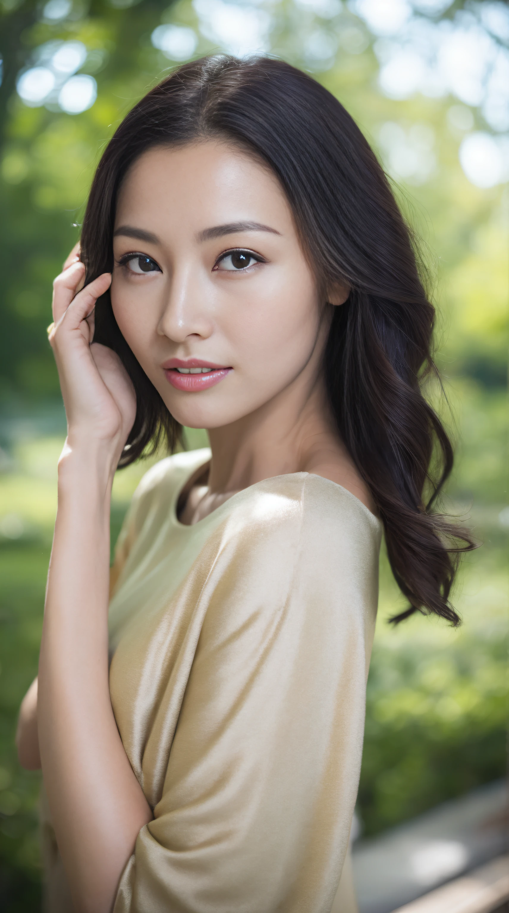 a fashion model，25 age old，[[[[Close-up cleavage]]]], [[[[climaxing]]]], [[[[Cole]]]], [[[[bshoulder]]]],perfect  eyes, Perfect iris，perfect lips，perfect teeth，Perfect Skin，with fair skin，HighDynamicRange，Movie Girl，(delicated face)，(Highly defined faces)，White casual wear，The background is green trees，fresh flowers，4K Ultra HD, 超高分辨率, (realistically: 1.4), Best quality，tmasterpiece，（pastel colour：1.2）